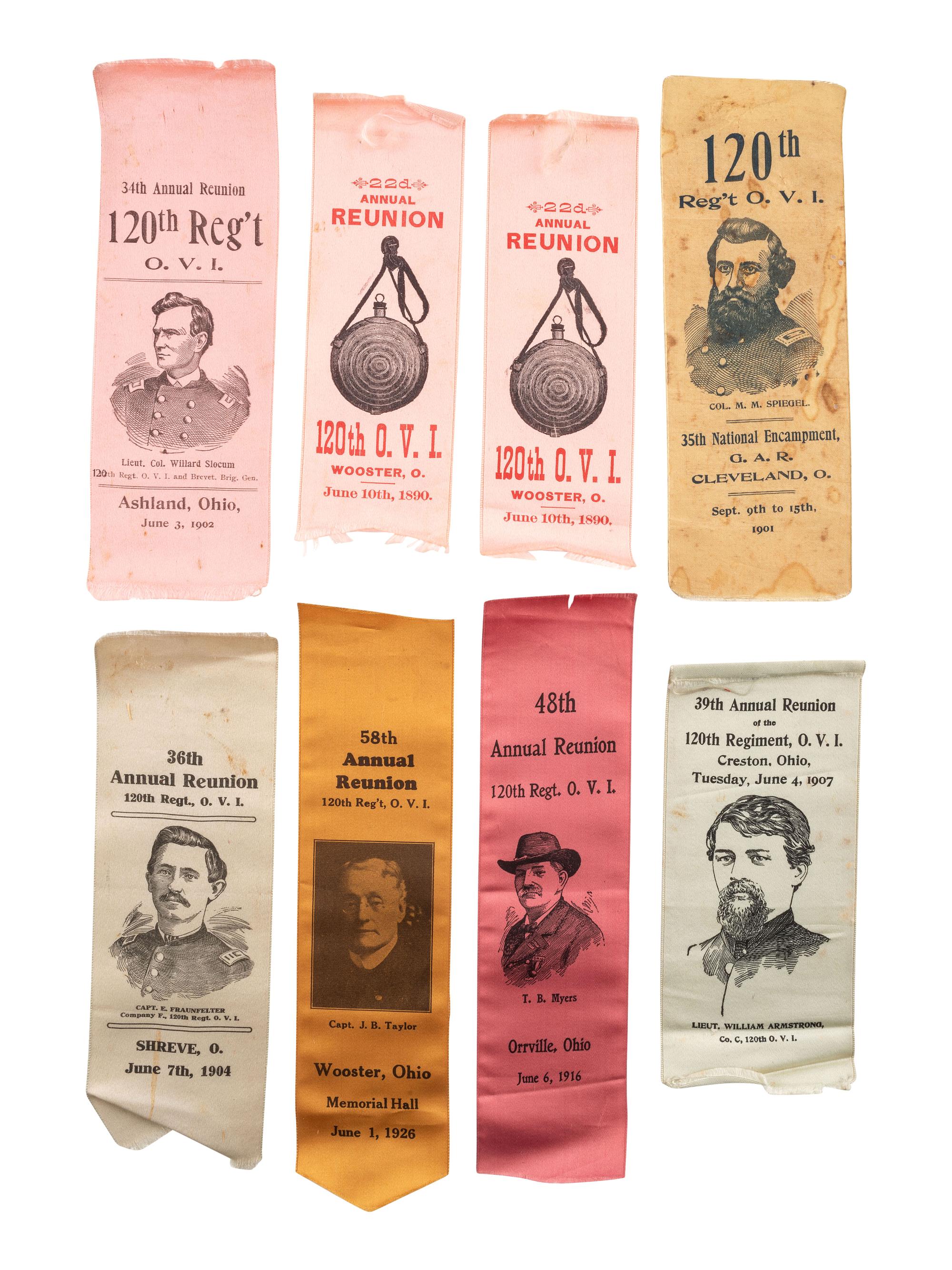 [CIVIL WAR]. A group of GAR ribbons, most for 120th Ohio Volunteer Infantry Reunions.