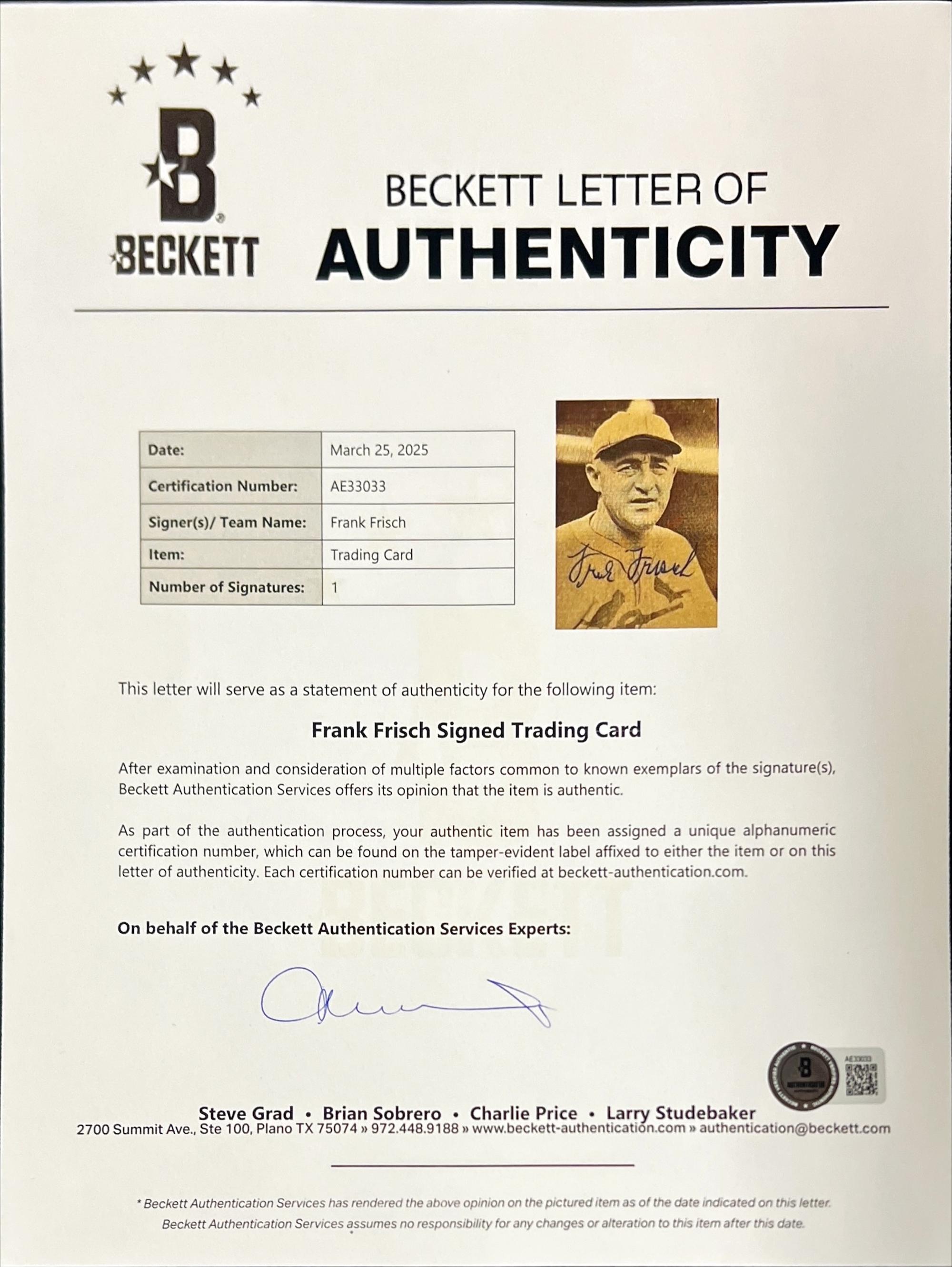 A Group of Frank Frisch Signed Autographs (Beckett Authentication Services)