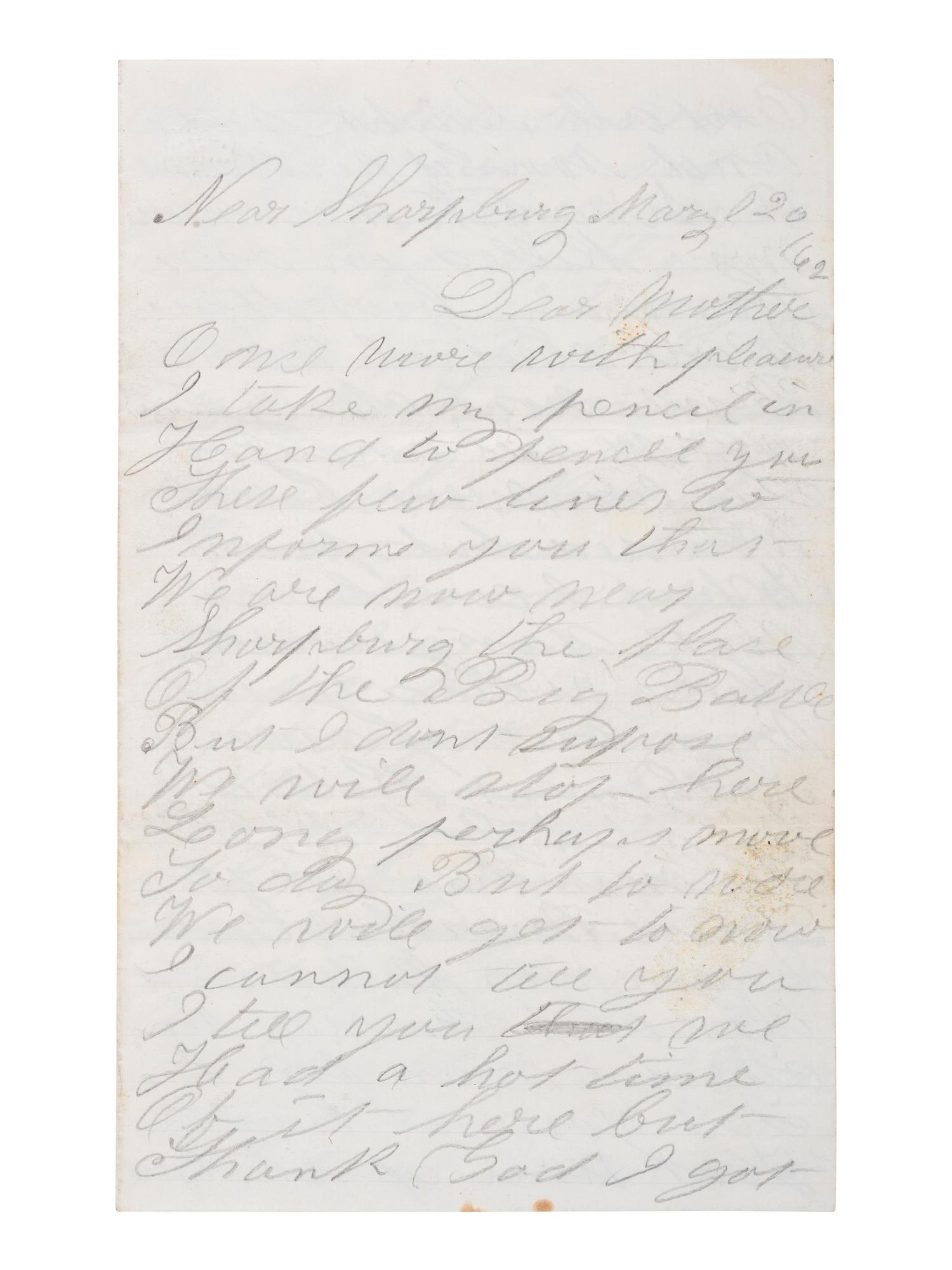 [CIVIL WAR]. Soldier's letter written by Jacob Pyewell, Company I, 106th Pennsylvania Infantry, describing the Battle of Antietam. "Near Sharpsburg Maryl," 20 [September?] 1862.