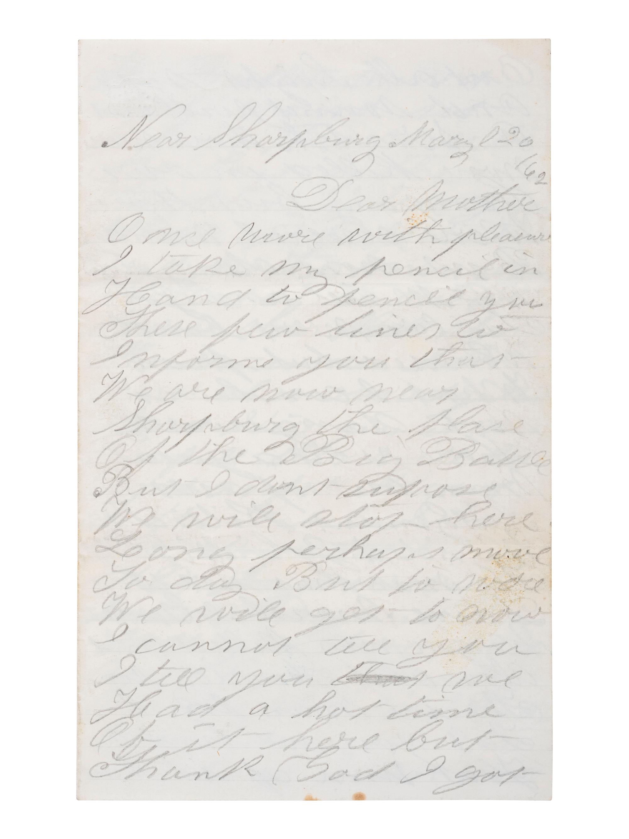 [CIVIL WAR]. Soldier's letter written by Jacob Pyewell, Company I, 106th Pennsylvania Infantry, describing the Battle of Antietam. "Near Sharpsburg Maryl," 20 [September?] 1862.
