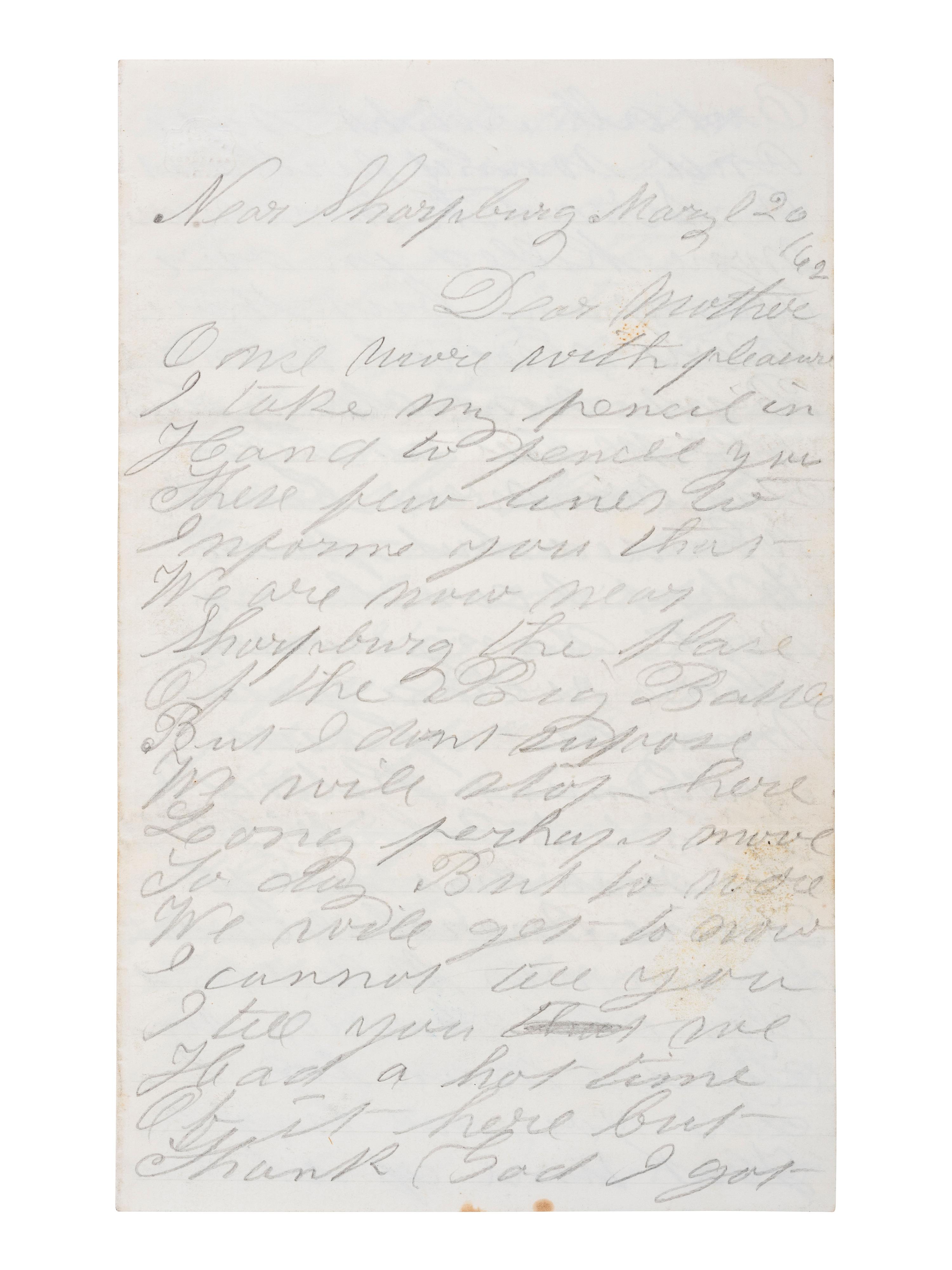 [CIVIL WAR]. Soldier's letter written by Jacob Pyewell, Company I, 106th Pennsylvania Infantry, describing the Battle of Antietam. "Near Sharpsburg Maryl," 20 [September?] 1862.
