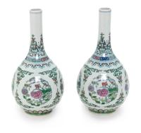 A Pair of Chinese Doucai Porcelain Bottle Vases Height 8 inches. — 20TH CENTURY