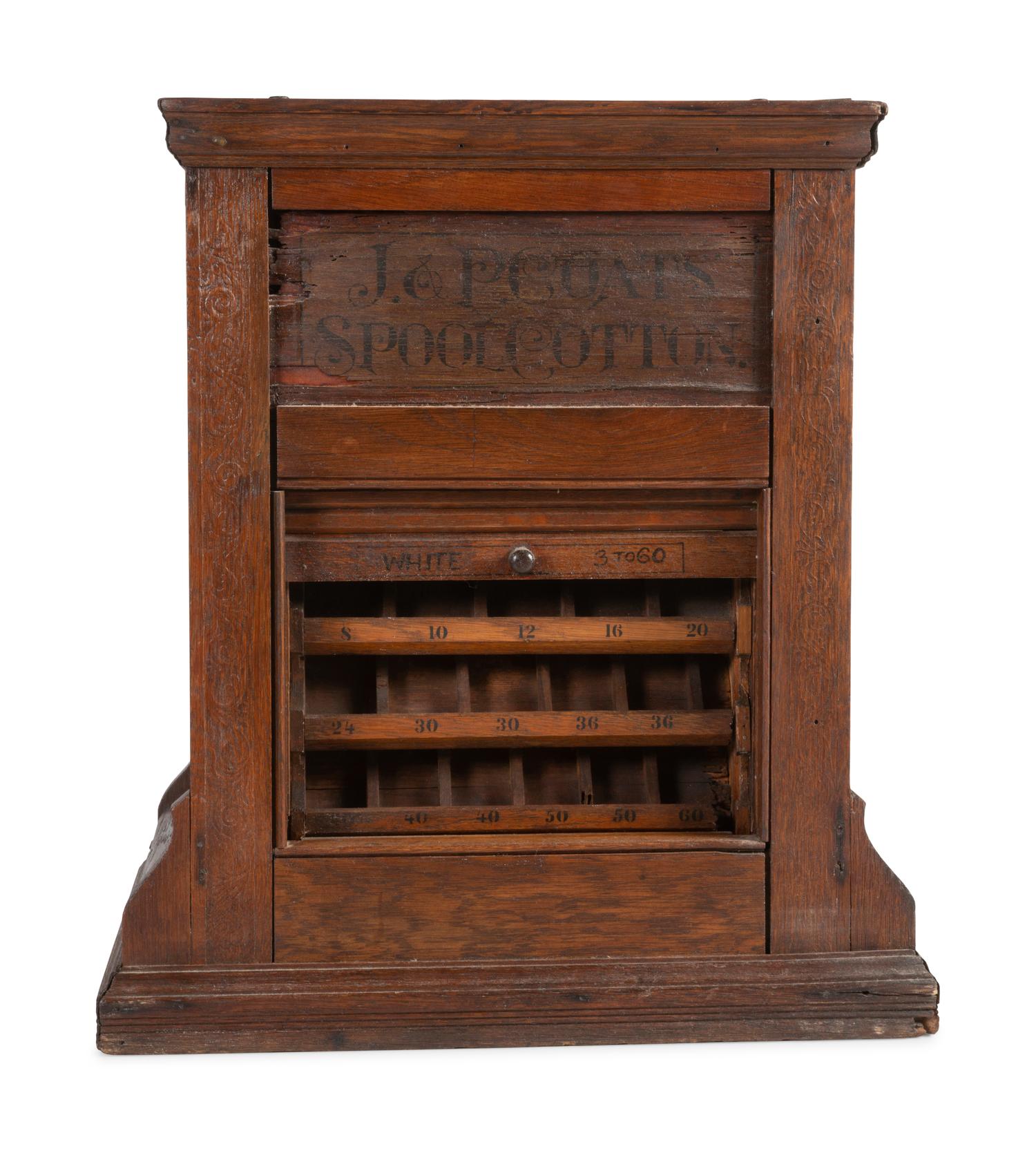 A J. & P. Coats Stenciled Oak Spool Cabinet