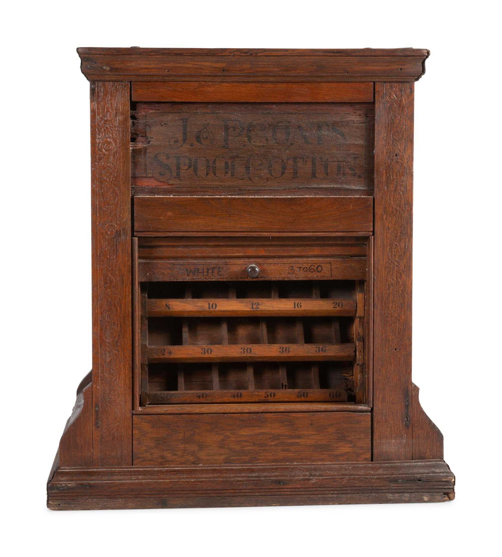 A J. & P. Coats Stenciled Oak Spool Cabinet