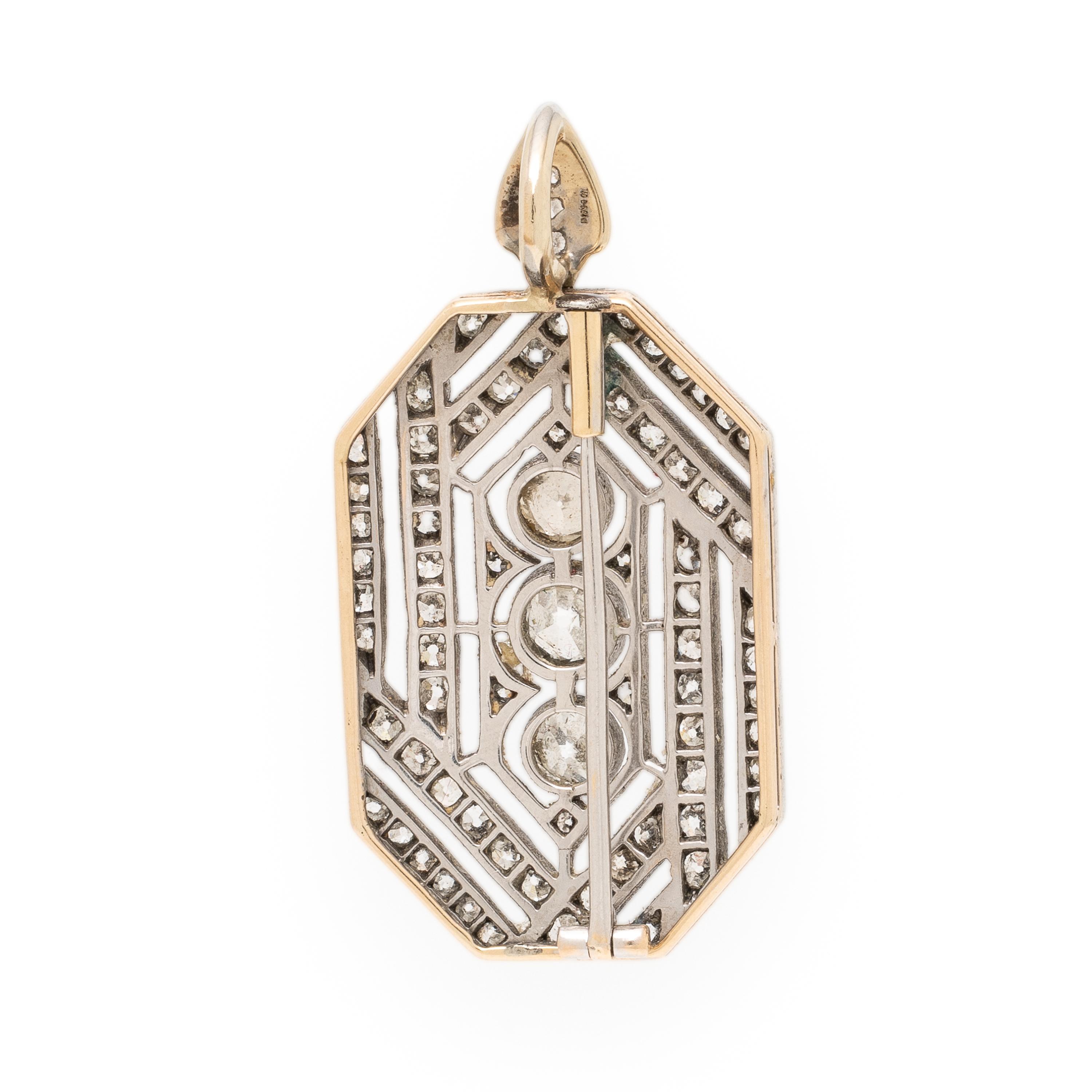 Diamond, Silver-Topped Gold, and Yellow Gold Pendant Brooch