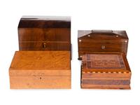 Four English Walnut, Burlwood and Mahogany Boxes