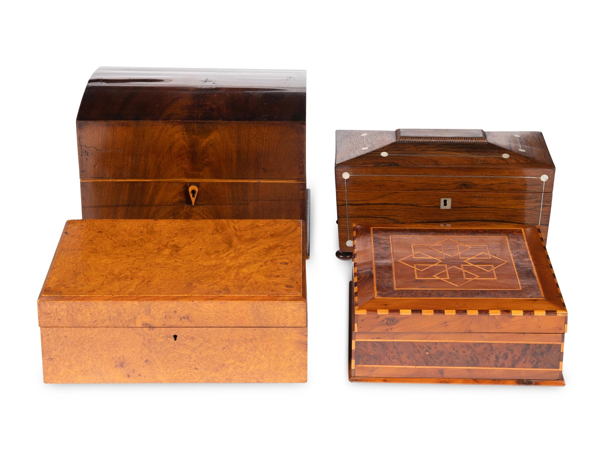 Four English Walnut, Burlwood and Mahogany Boxes