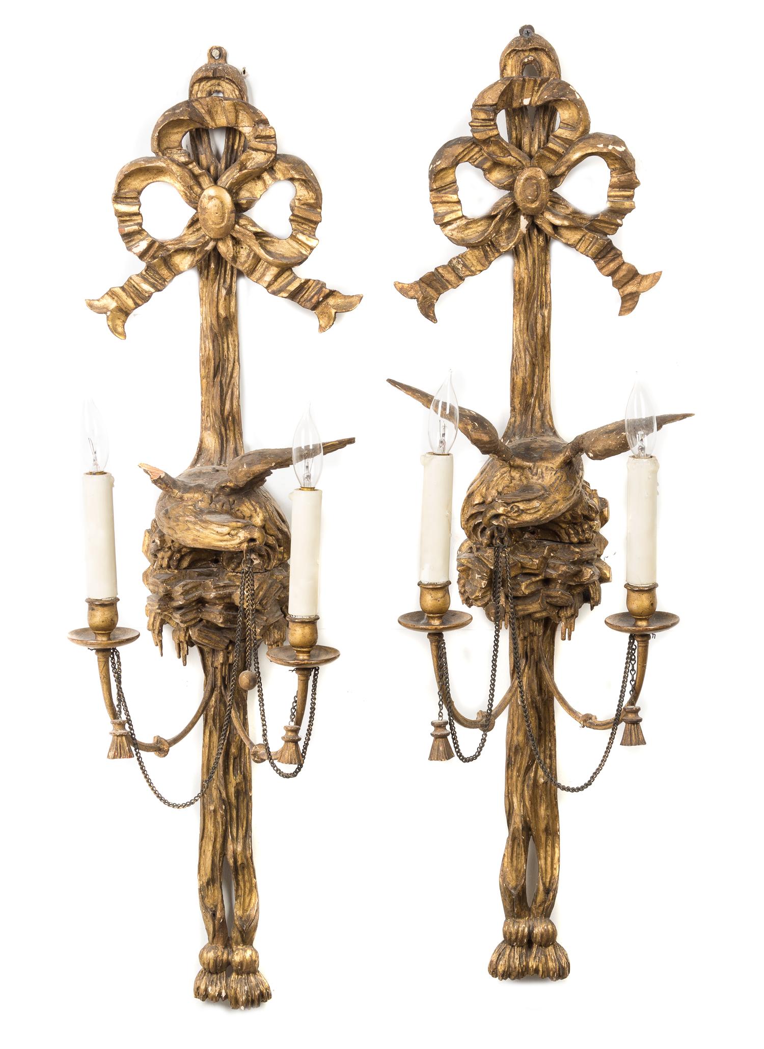 A Pair of Continental Giltwood Two-Light Sconces Height 33 3/4 inches. — 19TH CENTURY