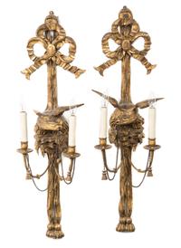 A Pair of Continental Giltwood Two-Light Sconces Height 33 3/4 inches. — 19TH CENTURY