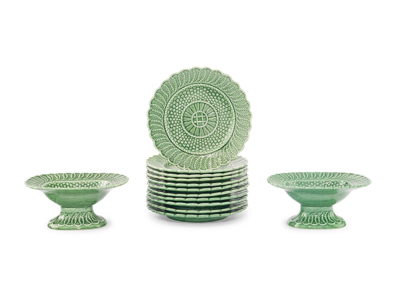 A Bordallo Pinheiro Basket Weave Green Dinner Service