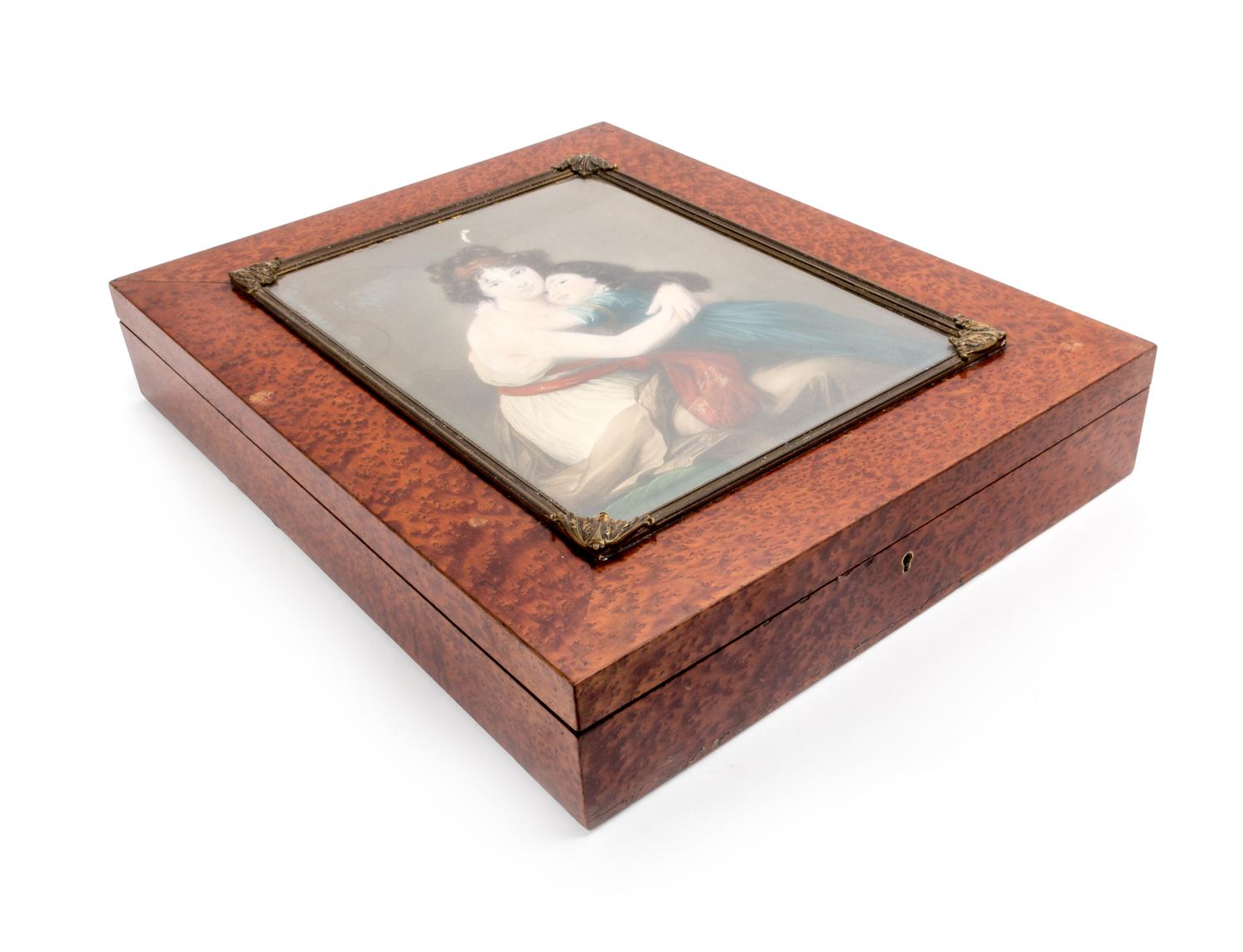 A French Bird's Eye Maple Document Box Height 3 1/2 x width 17 1/2 x depth 14 inches.