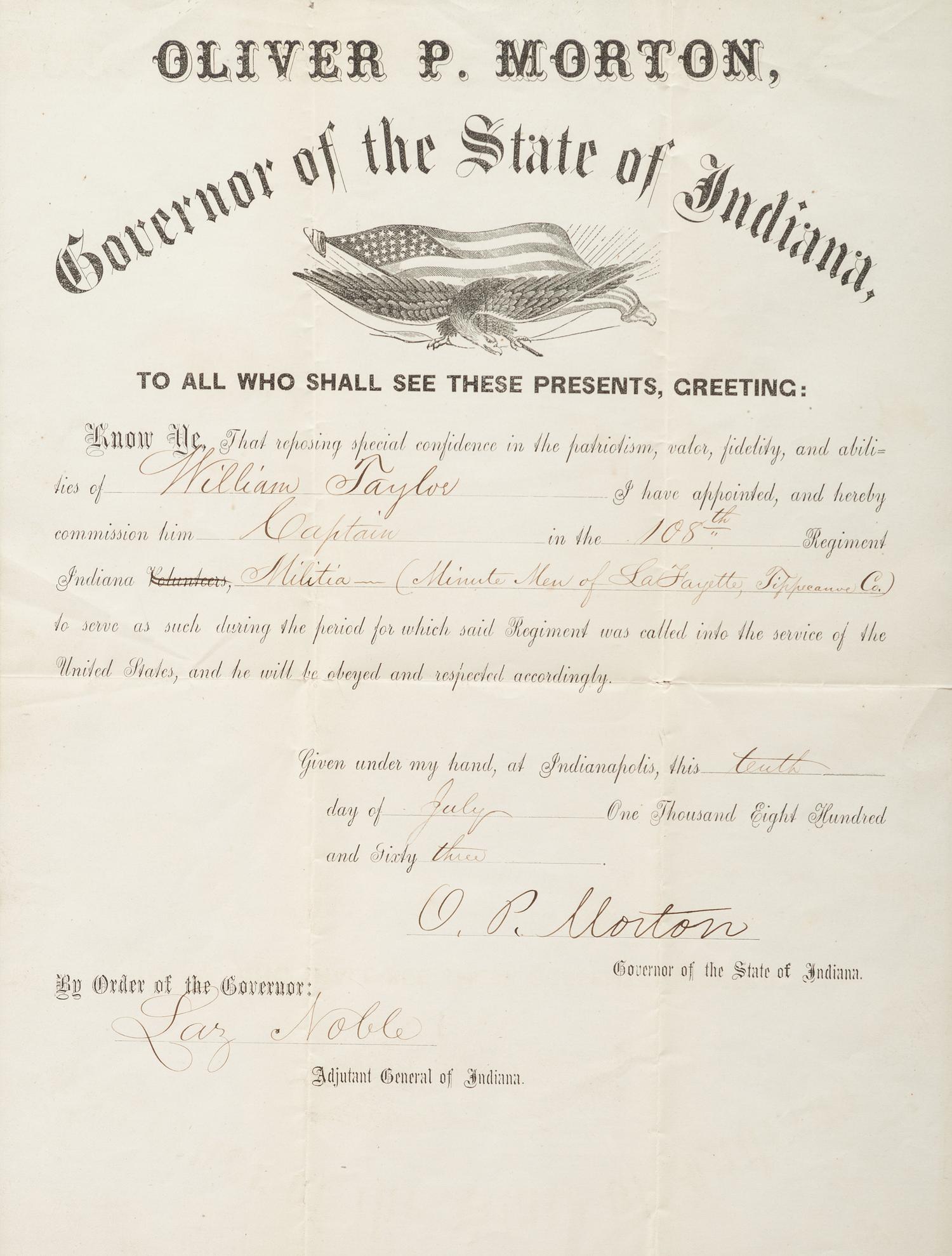 [CIVIL WAR -- MORGAN'S RAID]. MORTON, Oliver P. (1823-1877). Military commission document signed ("O.P. Morton"), as Governor of Indiana. Indianapolis, IN, 10 July 1863.