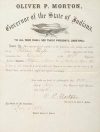[CIVIL WAR -- MORGAN'S RAID]. MORTON, Oliver P. (1823-1877). Military commission document signed ("O.P. Morton"), as Governor of Indiana. Indianapolis, IN, 10 July 1863.