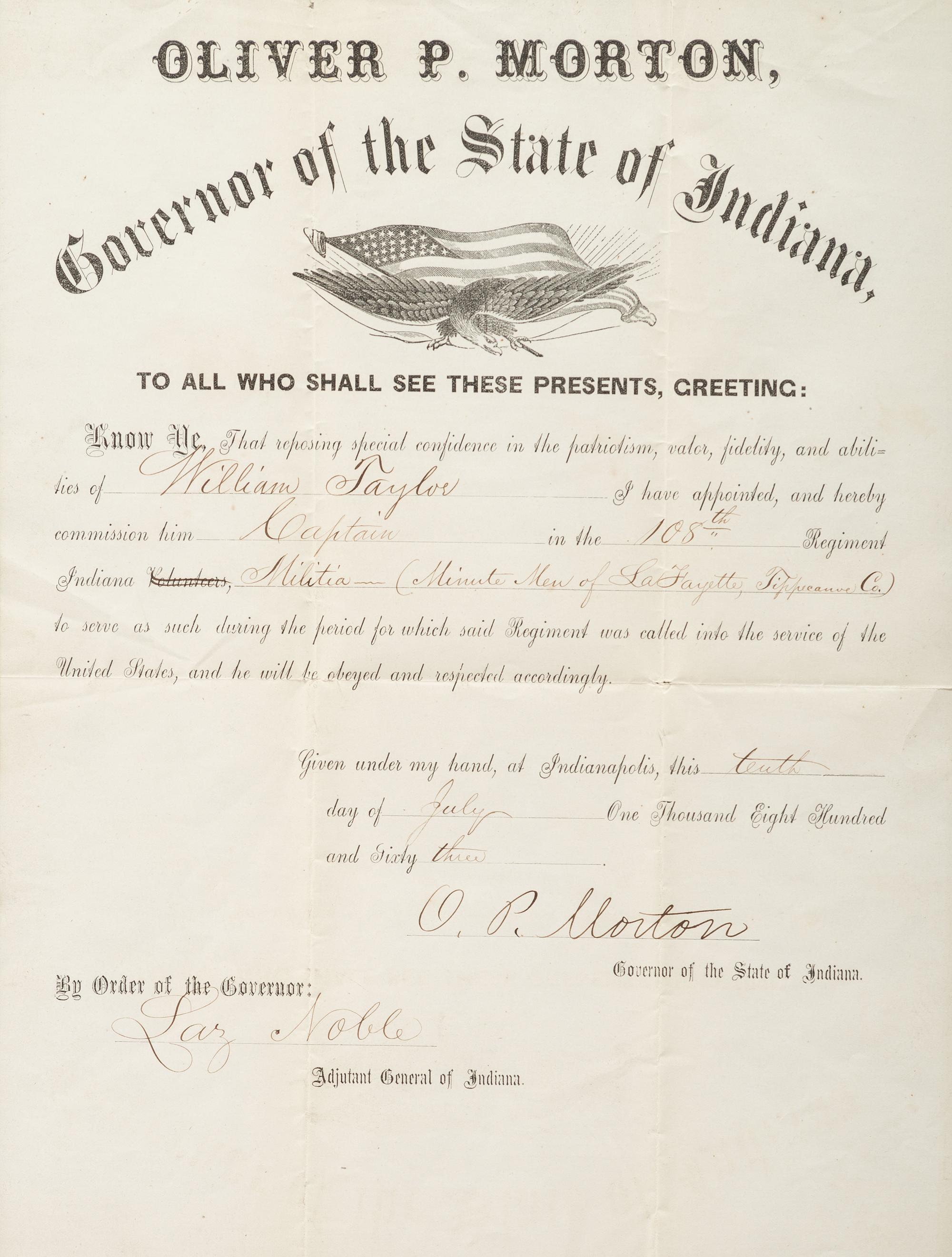 [CIVIL WAR -- MORGAN'S RAID]. MORTON, Oliver P. (1823-1877). Military commission document signed ("O.P. Morton"), as Governor of Indiana. Indianapolis, IN, 10 July 1863.
