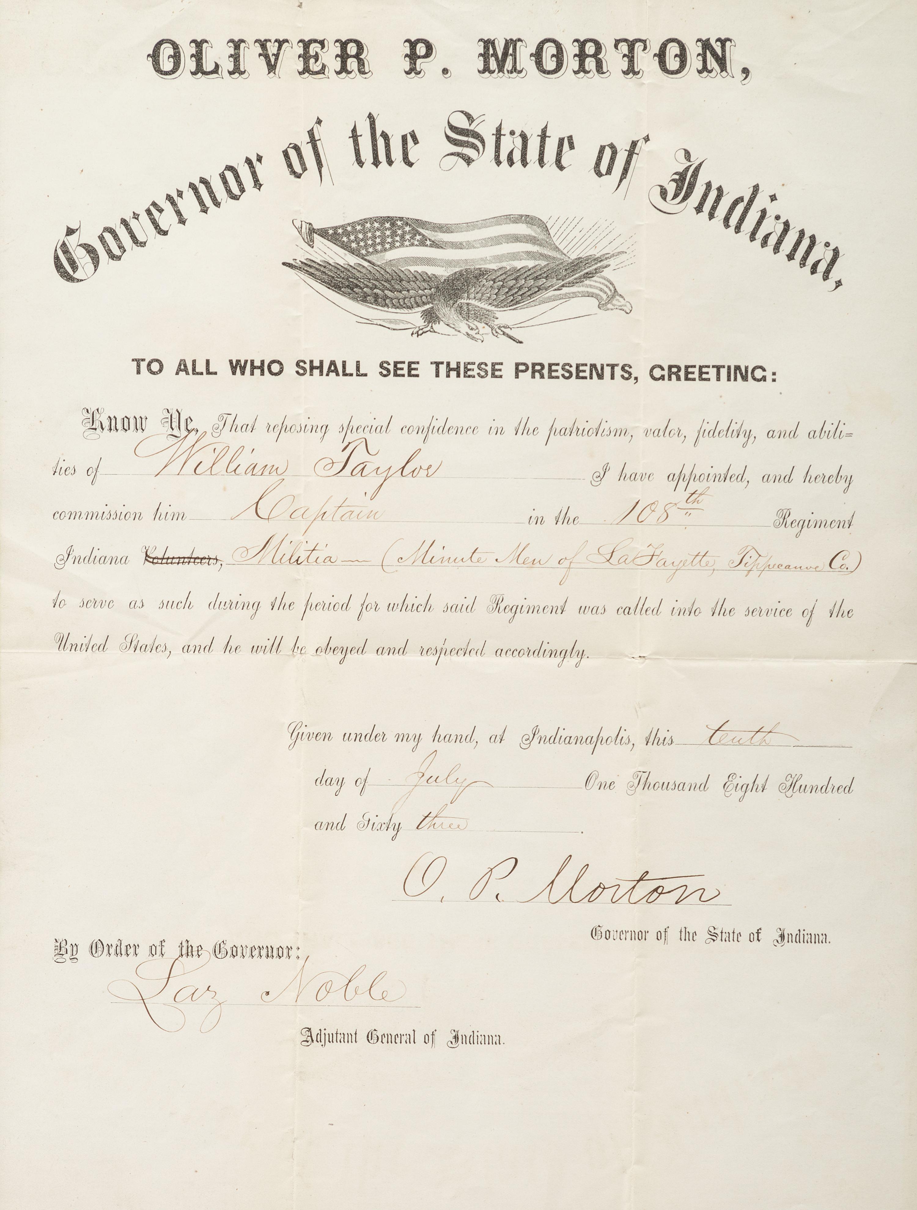 [CIVIL WAR -- MORGAN'S RAID]. MORTON, Oliver P. (1823-1877). Military commission document signed ("O.P. Morton"), as Governor of Indiana. Indianapolis, IN, 10 July 1863.