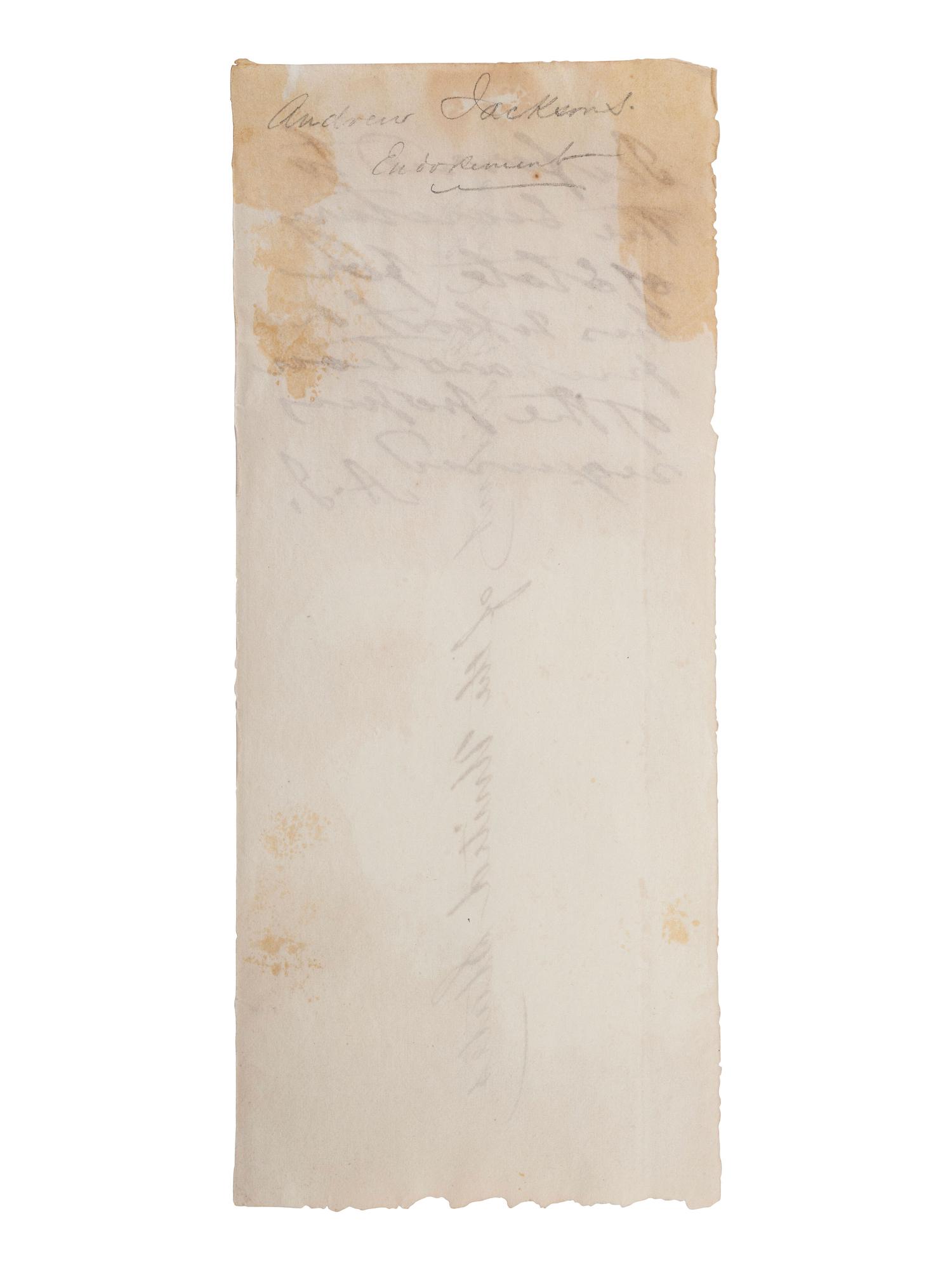 JACKSON, Andrew (1767-1845). Autograph endorsement signed ("A.J."). Accomplished on an address panel of a larger sheet.