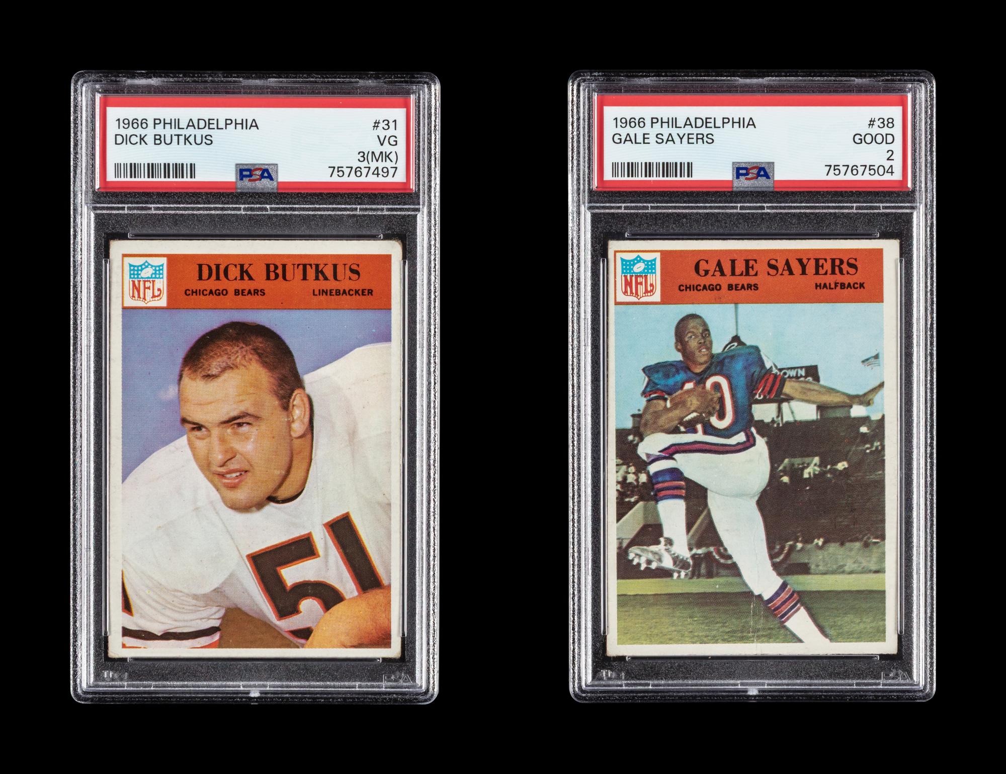 A 1966 Philadelphia Dick Butkus Rookie Football Card No. 31 (PSA 3 MK) and Gale Sayers Rookie Football Card No. 38 (PSA 2 GOOD)
