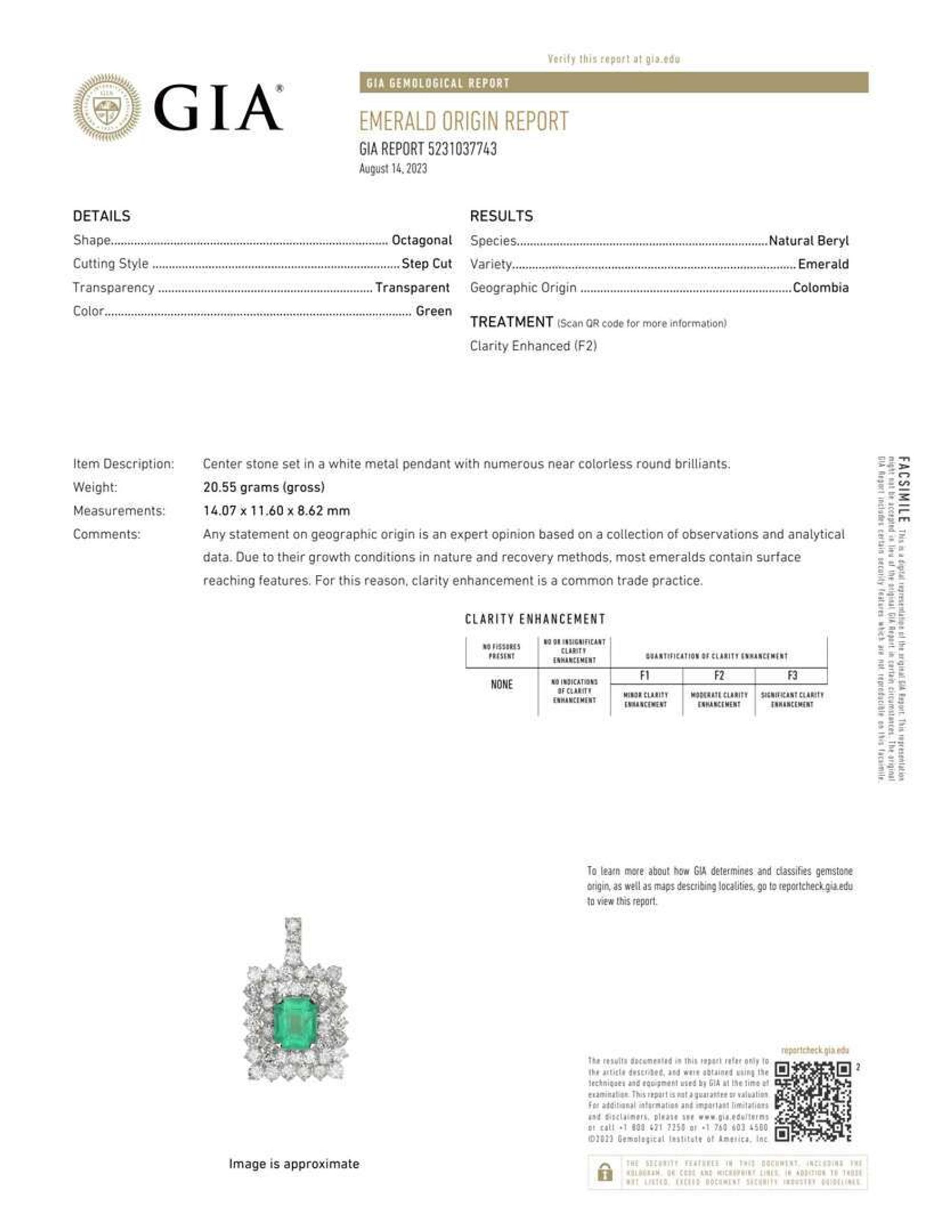 A 14K White Gold, Emerald, and Diamond Pendant, Natural Colombian Emerald, GIA Certified