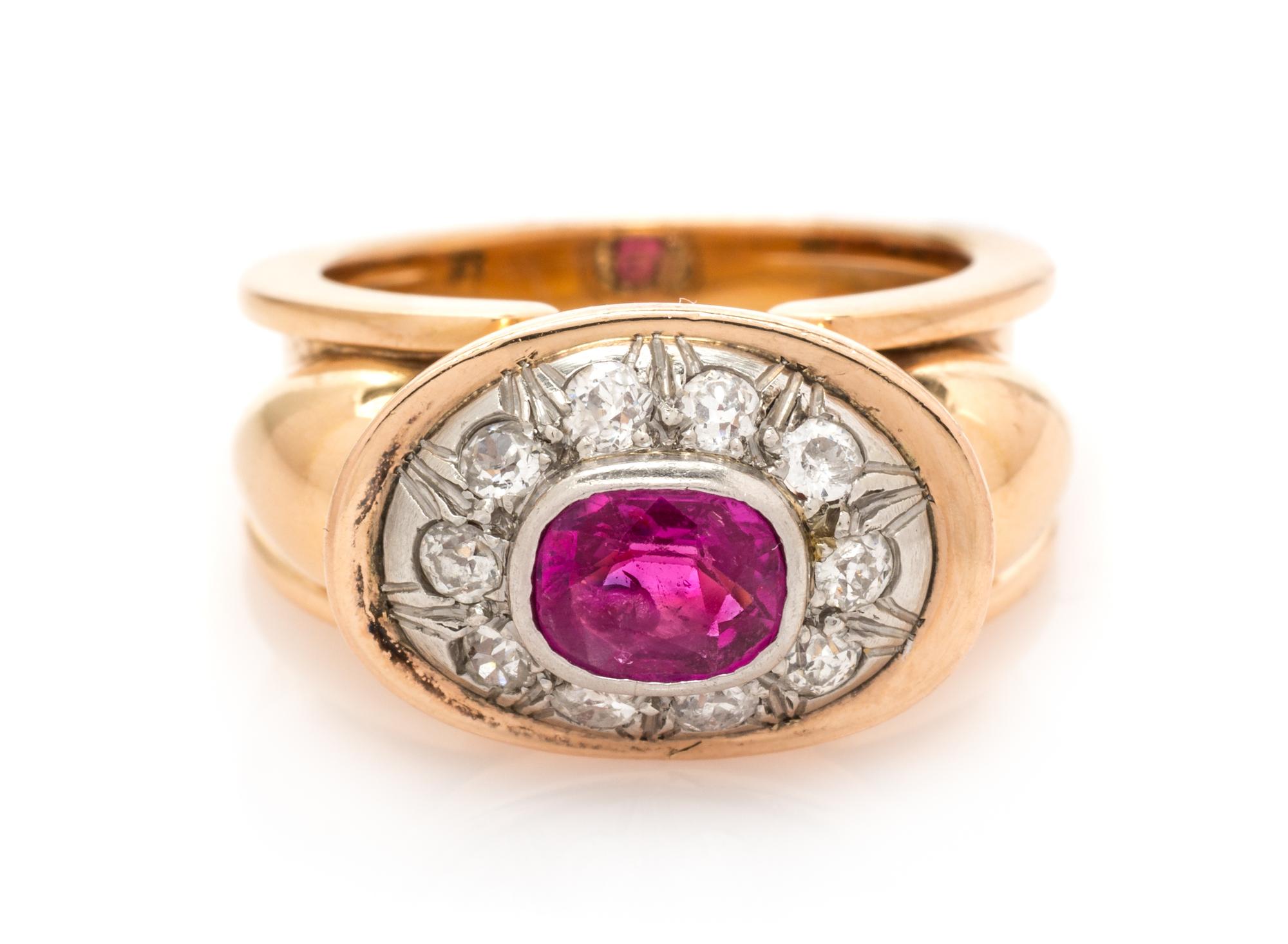 A Retro Rose Gold, Pink Sapphire and Diamond Ring,