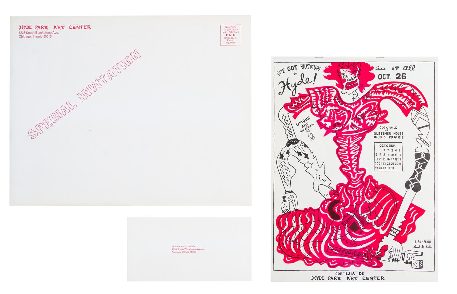 Karl Wirsum, (American, b. 1939), We Got Nuthun to Hyde! Unique Art Auction at 8/Special Fund Razor, 1974 together with original envelo