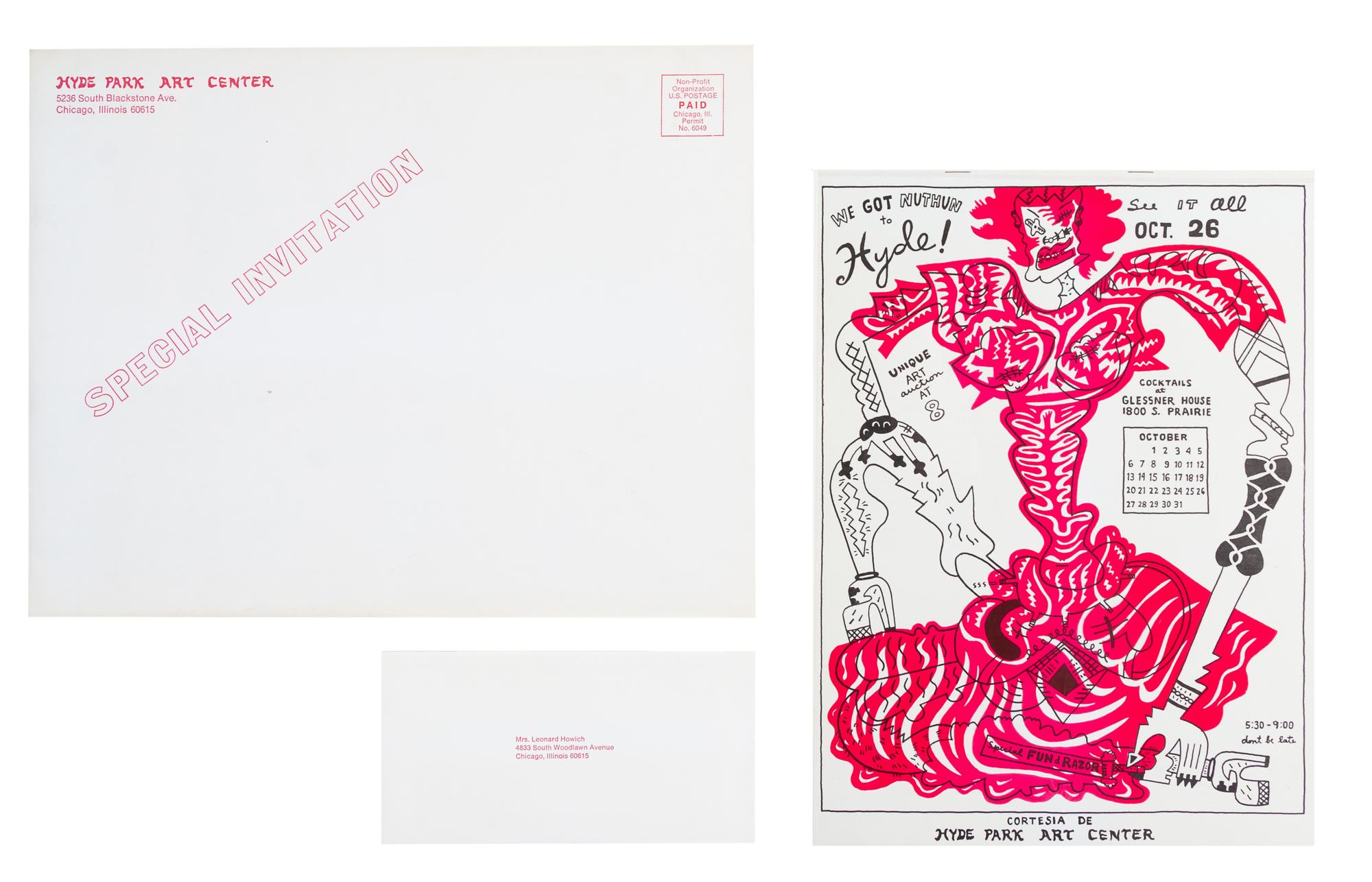 Karl Wirsum, (American, b. 1939), We Got Nuthun to Hyde! Unique Art Auction at 8/Special Fund Razor, 1974 together with original envelo