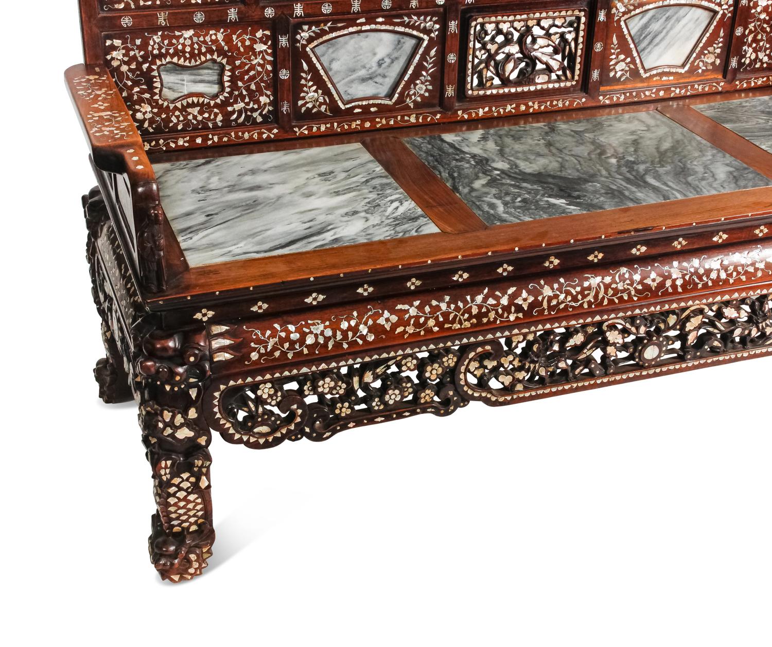A Chinese Mother-of-Pearl Inlaid Rosewood Settee and a Low Table