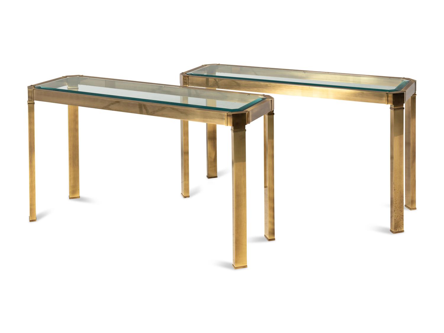 A Pair of Brass and Glass Console Tables Attributed to Mastercraft