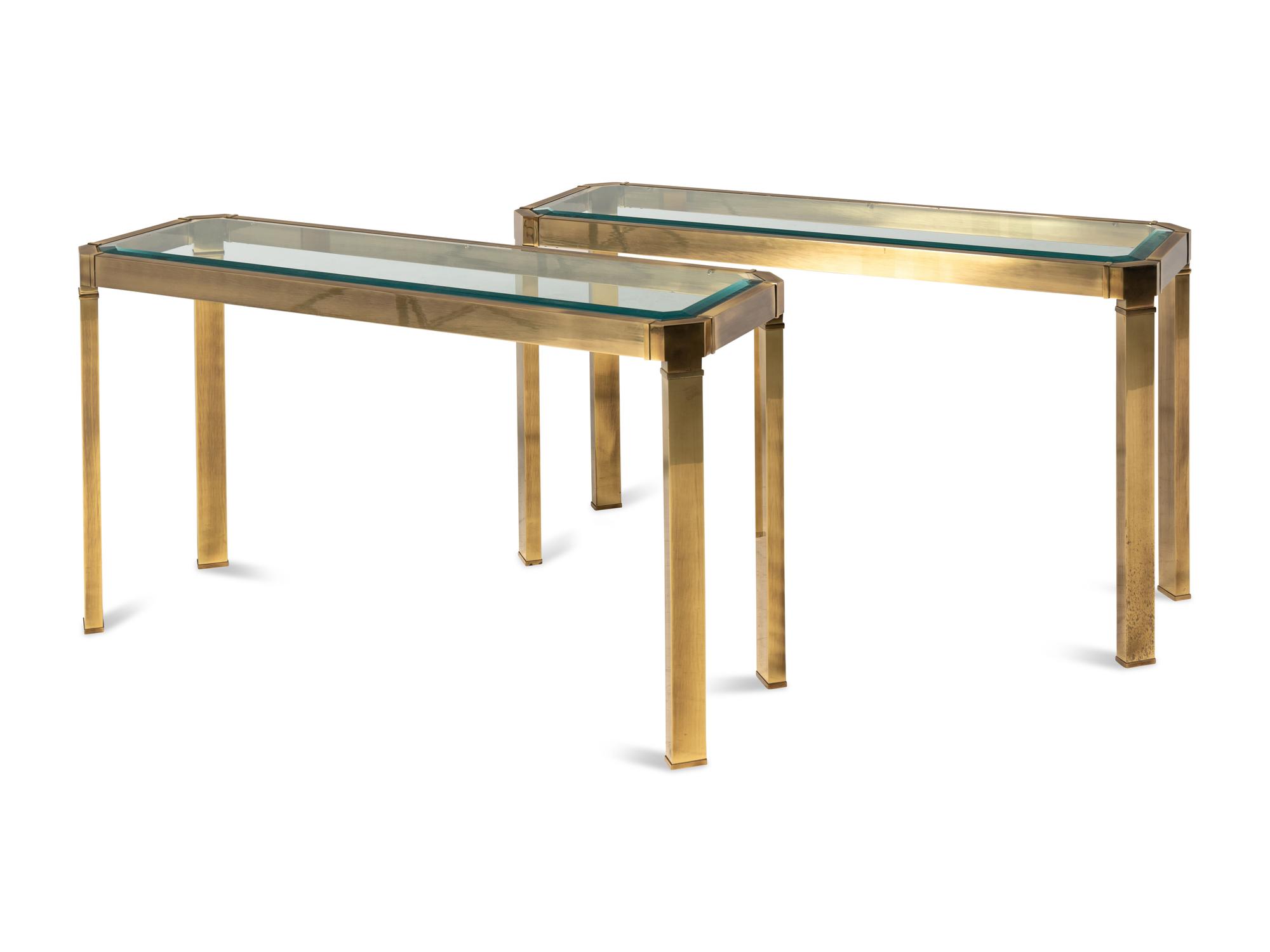 A Pair of Brass and Glass Console Tables Attributed to Mastercraft