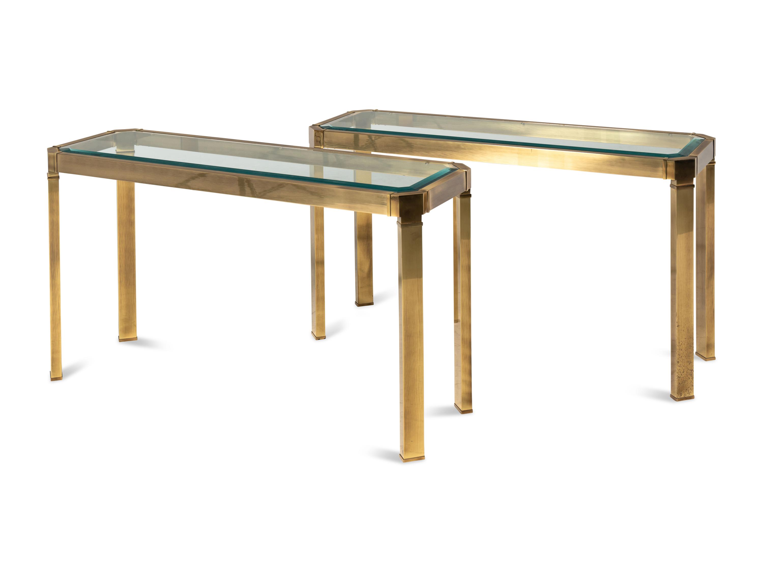 A Pair of Brass and Glass Console Tables Attributed to Mastercraft