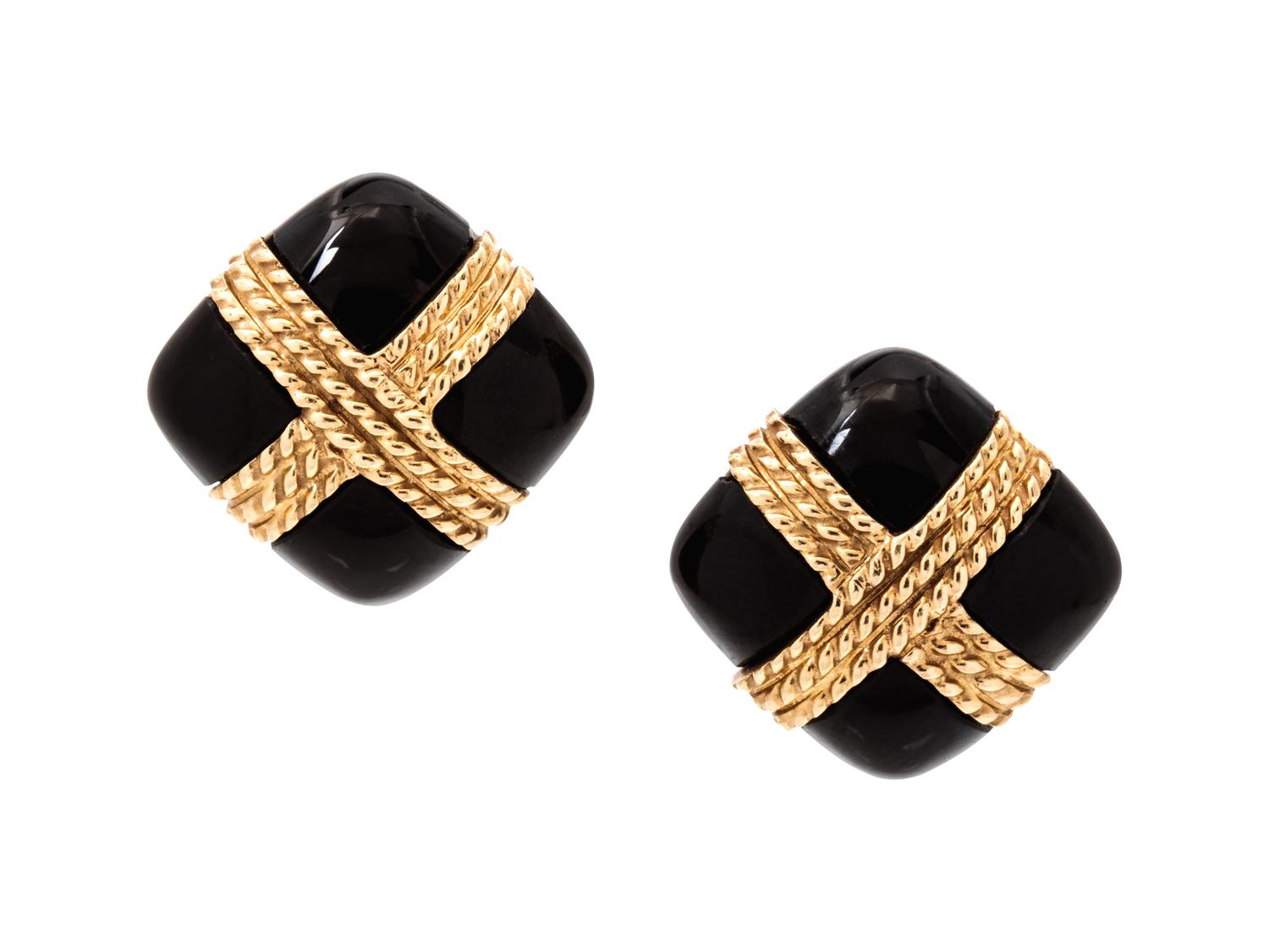 A Pair of Sterling Silver, 14 Karat Gold and Onyx Earrings, Tiffany & Co.,