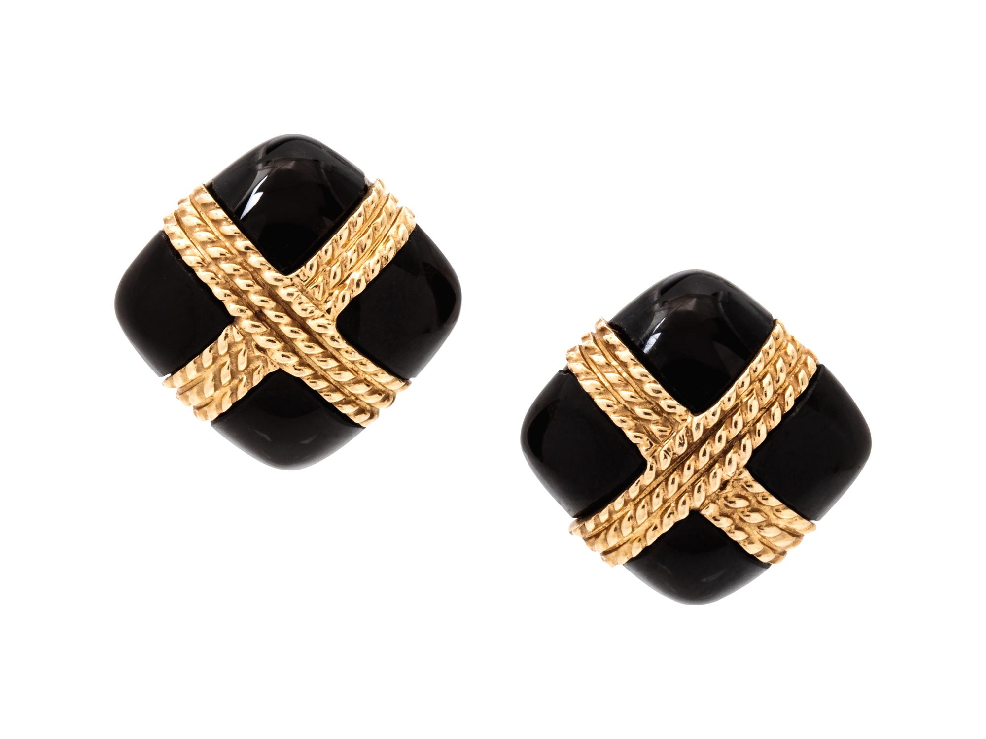 A Pair of Sterling Silver, 14 Karat Gold and Onyx Earrings, Tiffany & Co.,