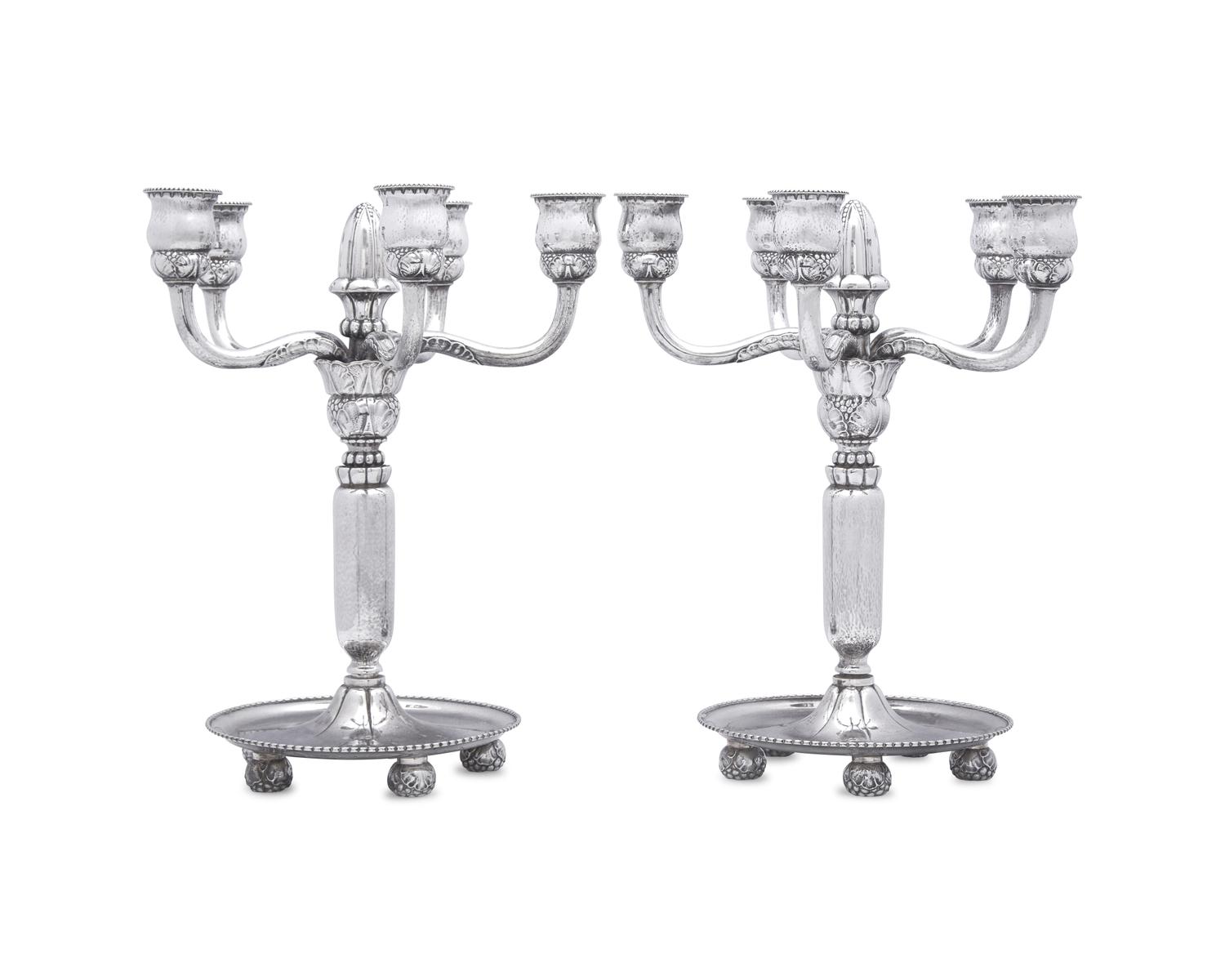 A Pair of Georg Jensen Silver Five-Light Candelabra