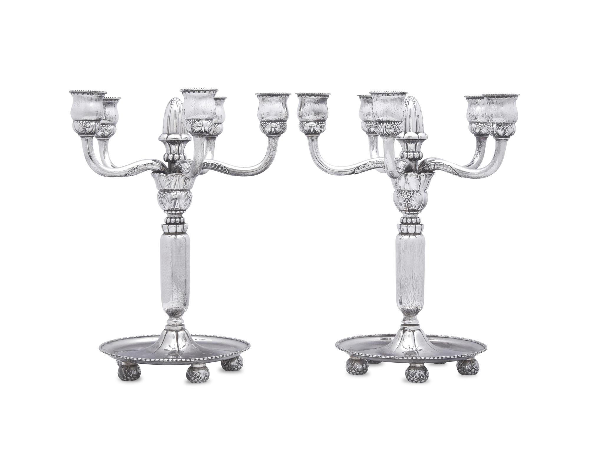 A Pair of Georg Jensen Silver Five-Light Candelabra