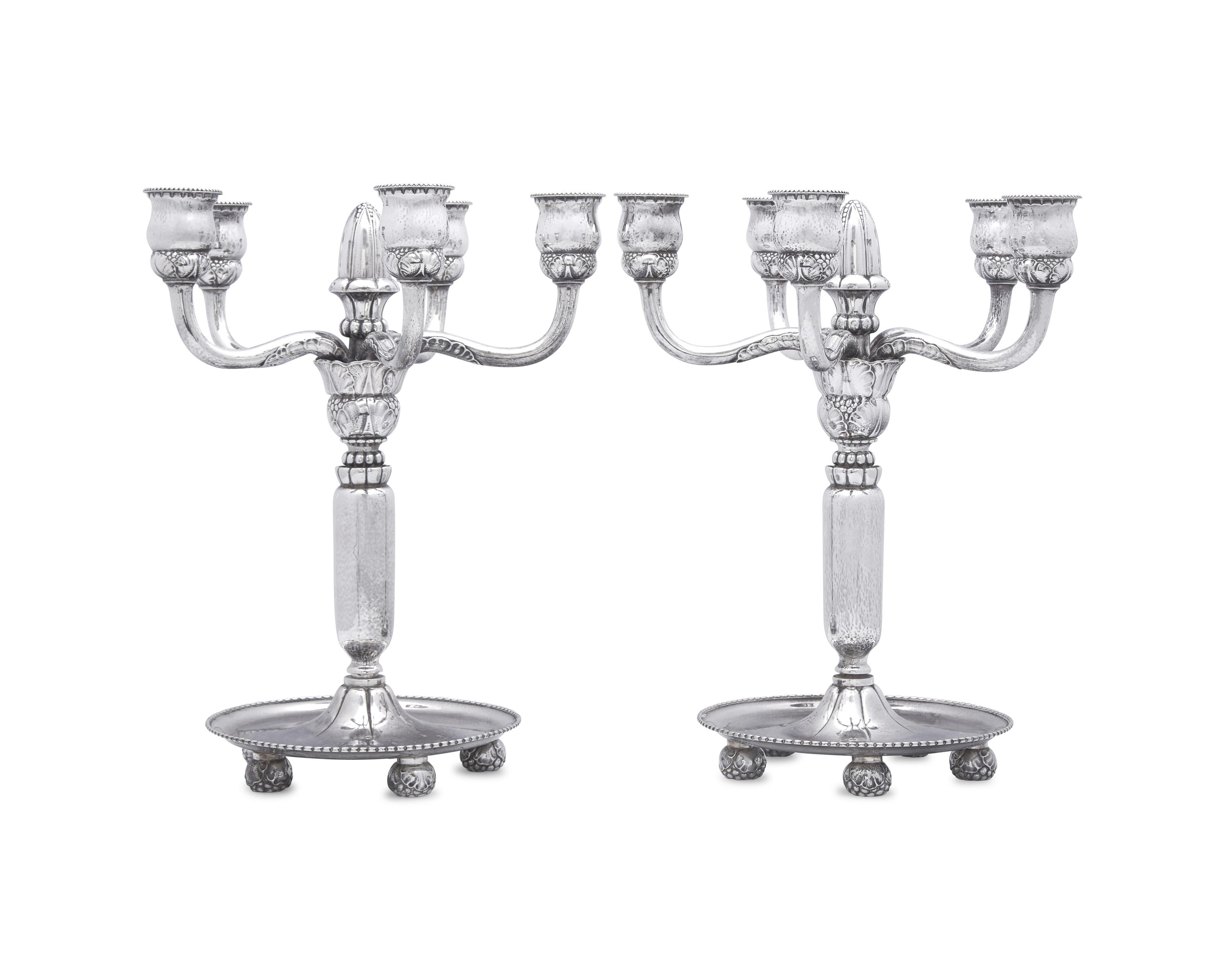 A Pair of Georg Jensen Silver Five-Light Candelabra