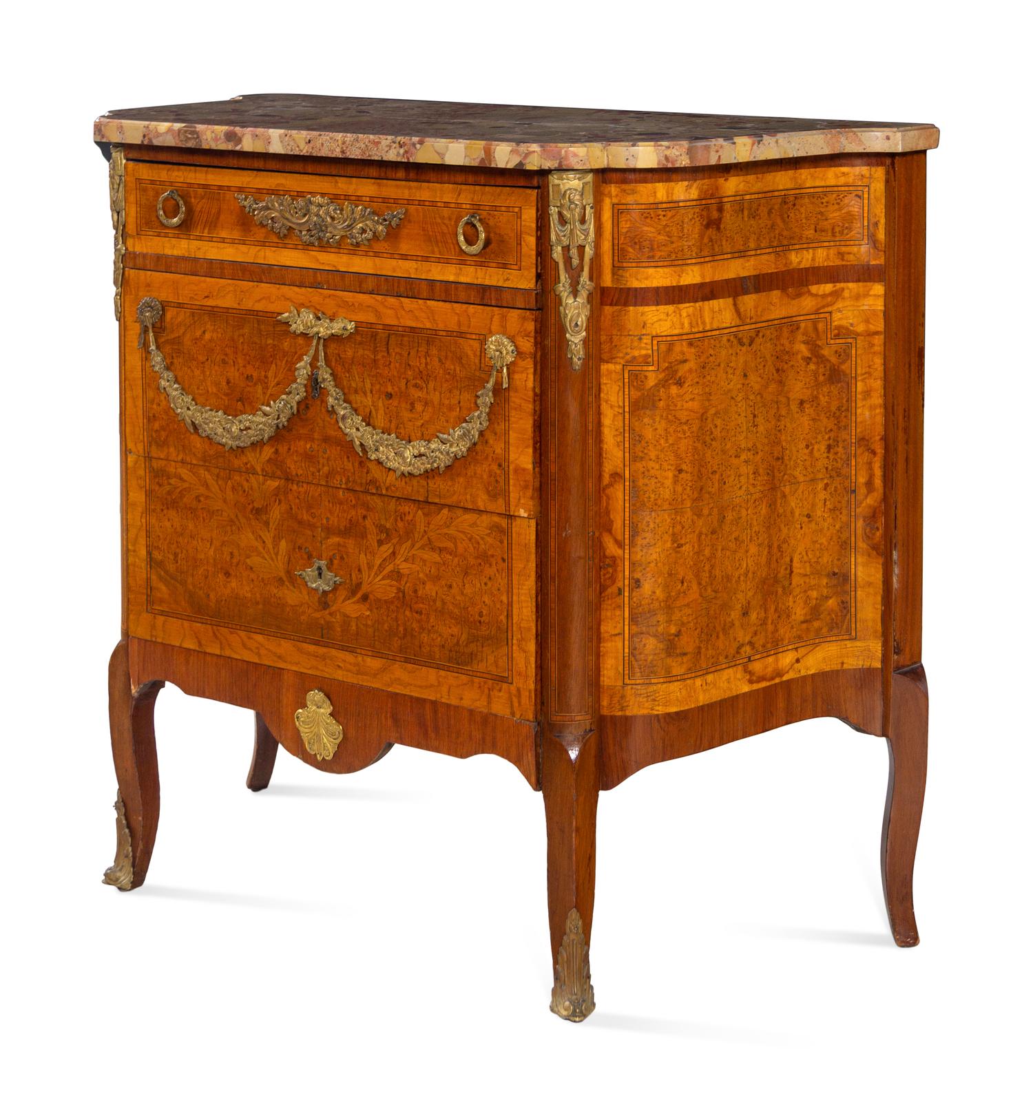 A Louis XV/XVI Transitional Style Gilt Bronze Mounted Burlwood, Marquetry and Breche d'Alep Marble-Top Commode