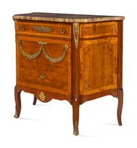 A Louis XV/XVI Transitional Style Gilt Bronze Mounted Burlwood, Marquetry and Breche d'Alep Marble-Top Commode