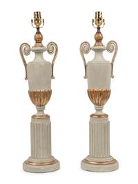 A Pair of Painted and Parcel Gilt Urns on Plinths Mounted as Lamps