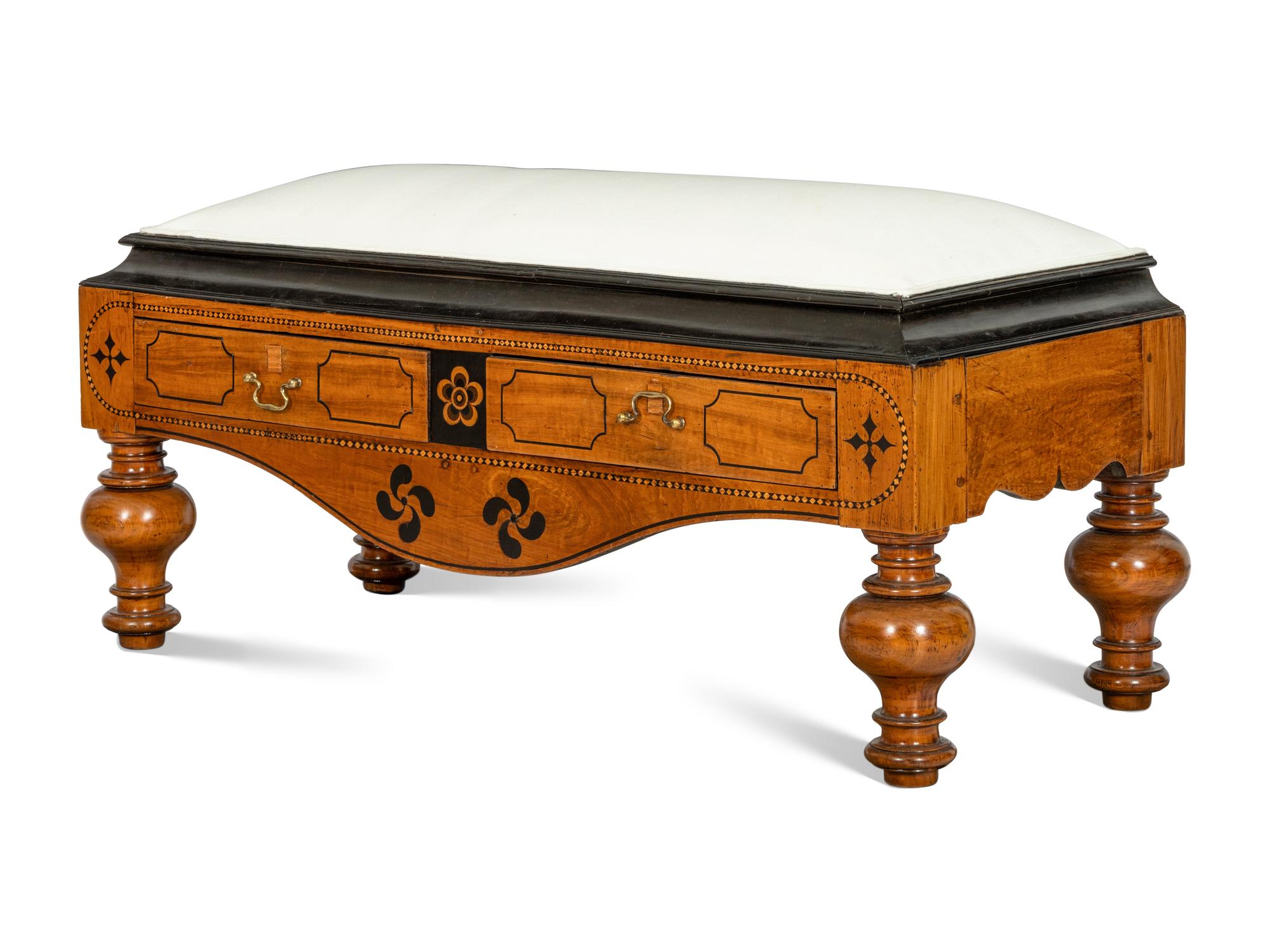 A Dutch Colonial Style Ebony Inlaid Upholstered Bench
