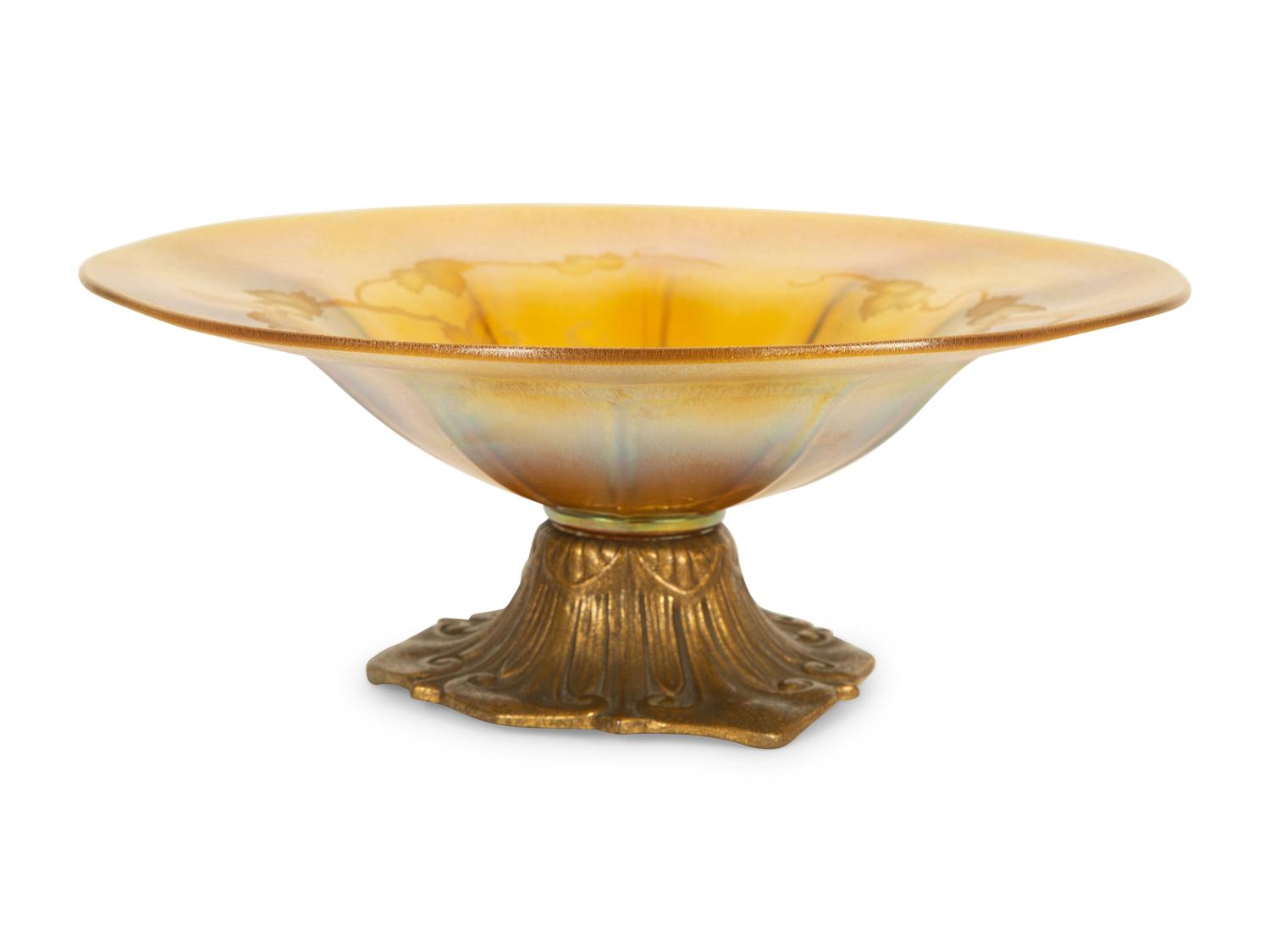 A Louis C. Tiffany Furnaces Amber Favrile Glass and Gilt Bronze Fruit Stand