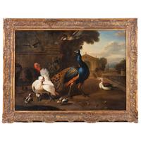 Follower of Melchoir d'Hondecoeter (Dutch, 1636-1695) — A Peacock, Turkey, Chicken and Other Birds in an Ornamental Garden