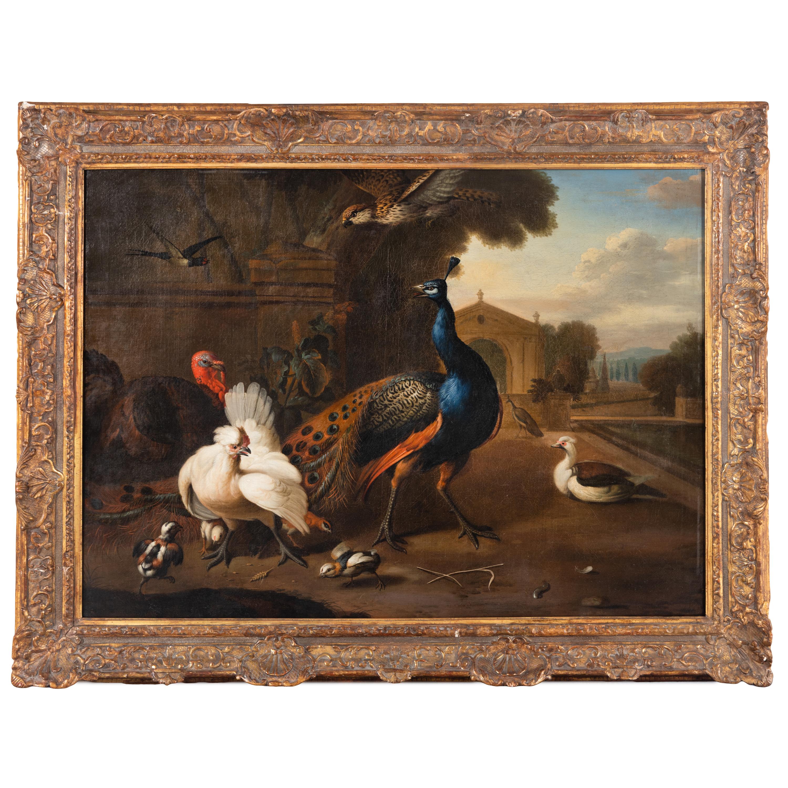 Follower of Melchoir d'Hondecoeter (Dutch, 1636-1695) — A Peacock, Turkey, Chicken and Other Birds in an Ornamental Garden