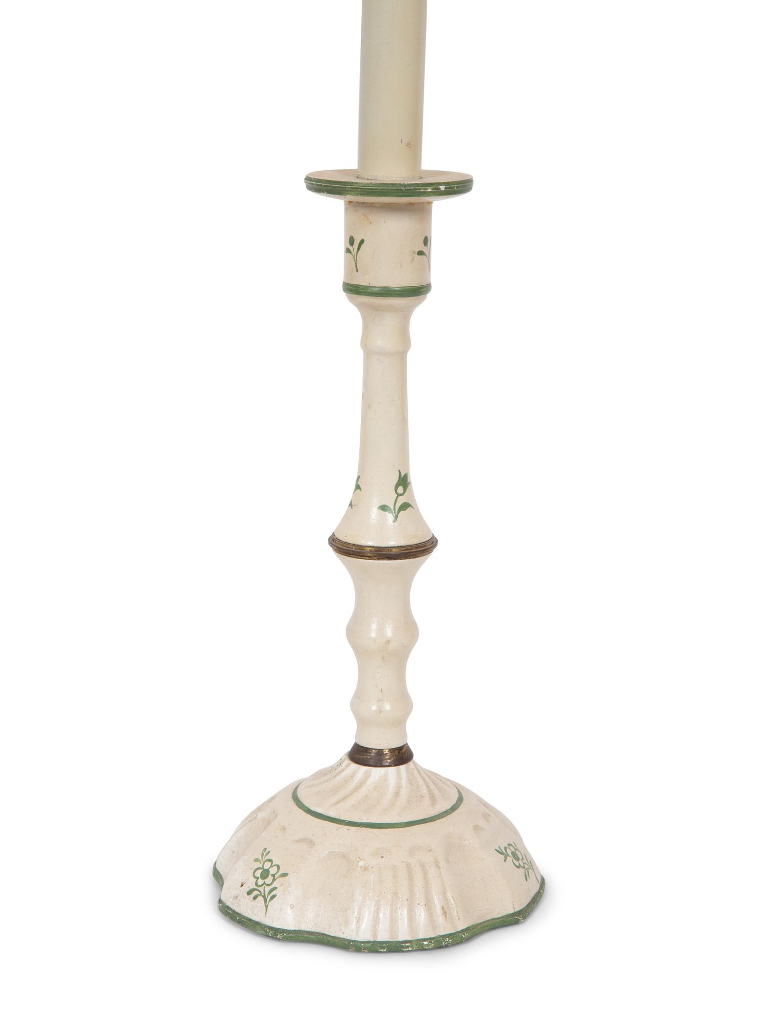 A Pair of French Green and White Painted Candlesticks with Green Shades