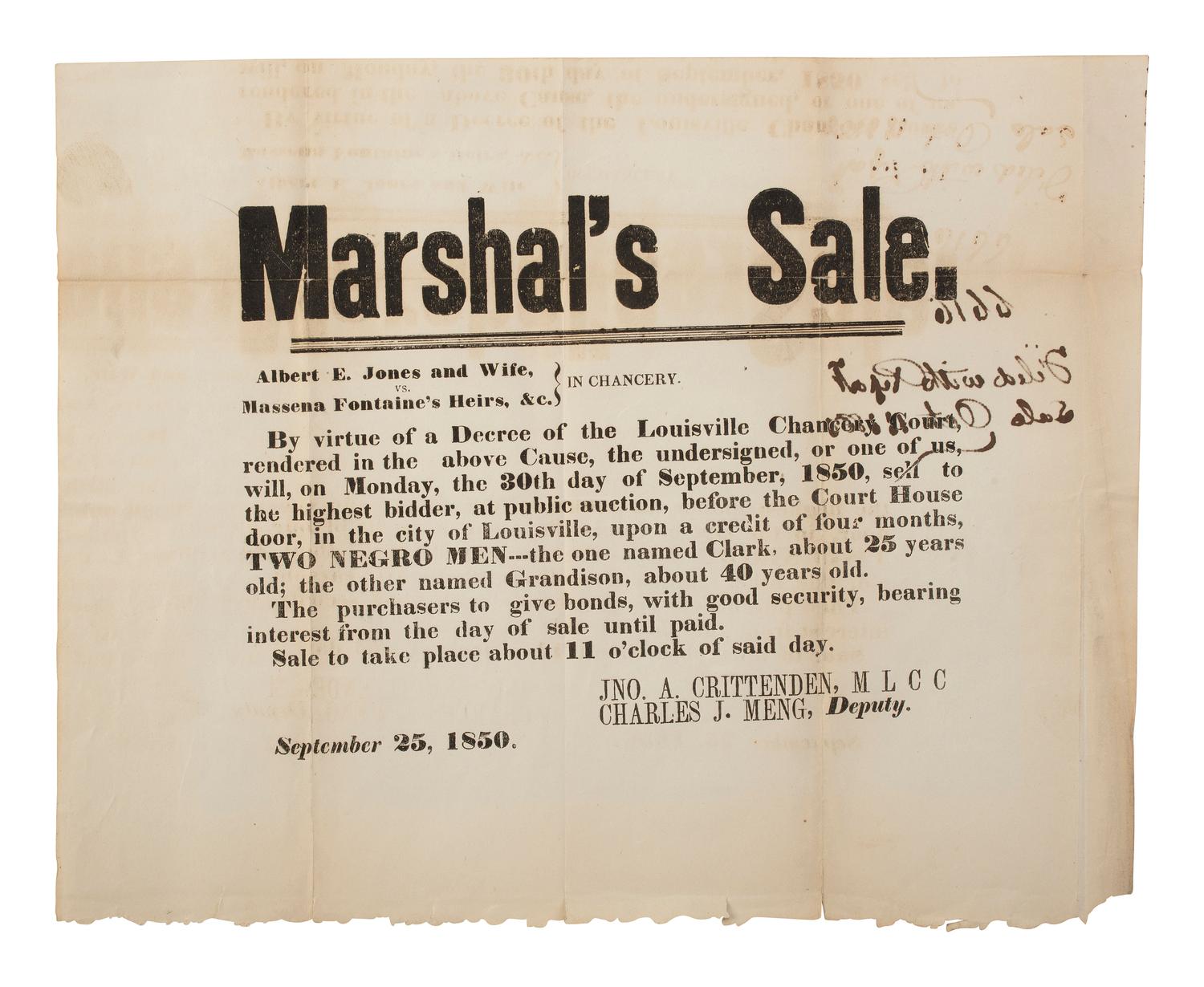 [ENSLAVEMENT & ABOLITION]. Marshal's Sale . Broadside promoting the public auction of two enslaved men. Louisville, KY, 30 September 1850.