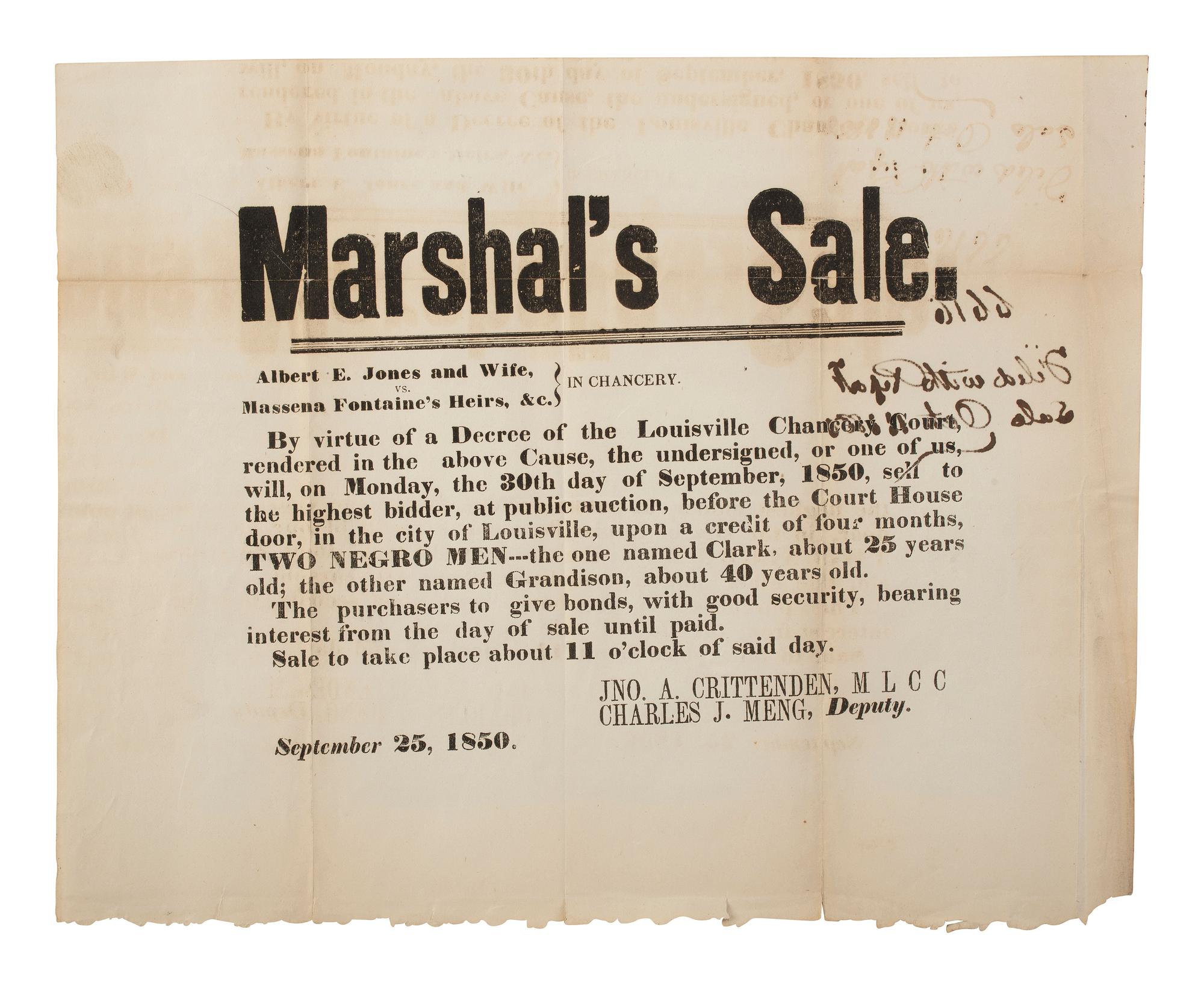 [ENSLAVEMENT & ABOLITION]. Marshal's Sale . Broadside promoting the public auction of two enslaved men. Louisville, KY, 30 September 1850.
