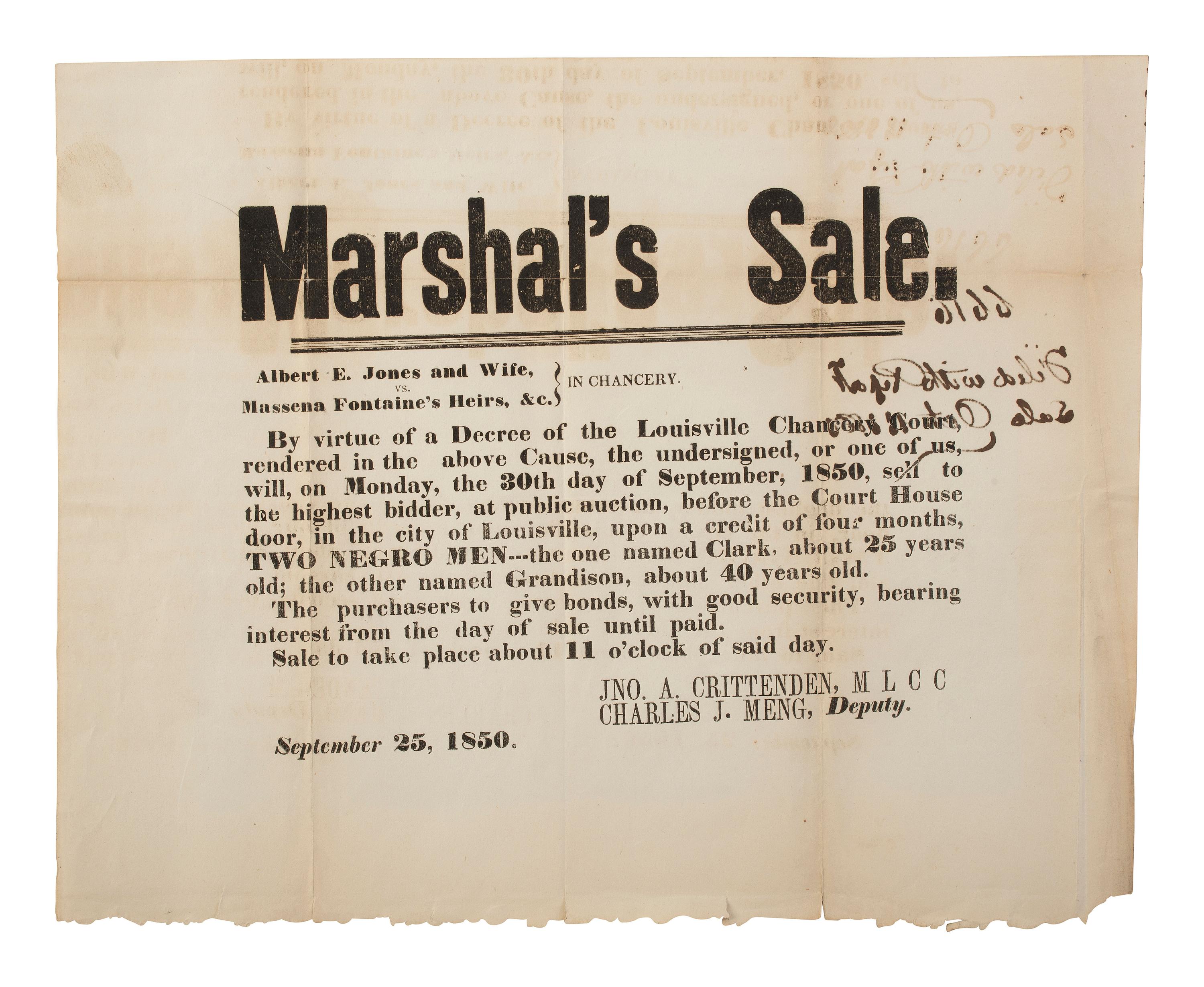 [ENSLAVEMENT & ABOLITION]. Marshal's Sale . Broadside promoting the public auction of two enslaved men. Louisville, KY, 30 September 1850.