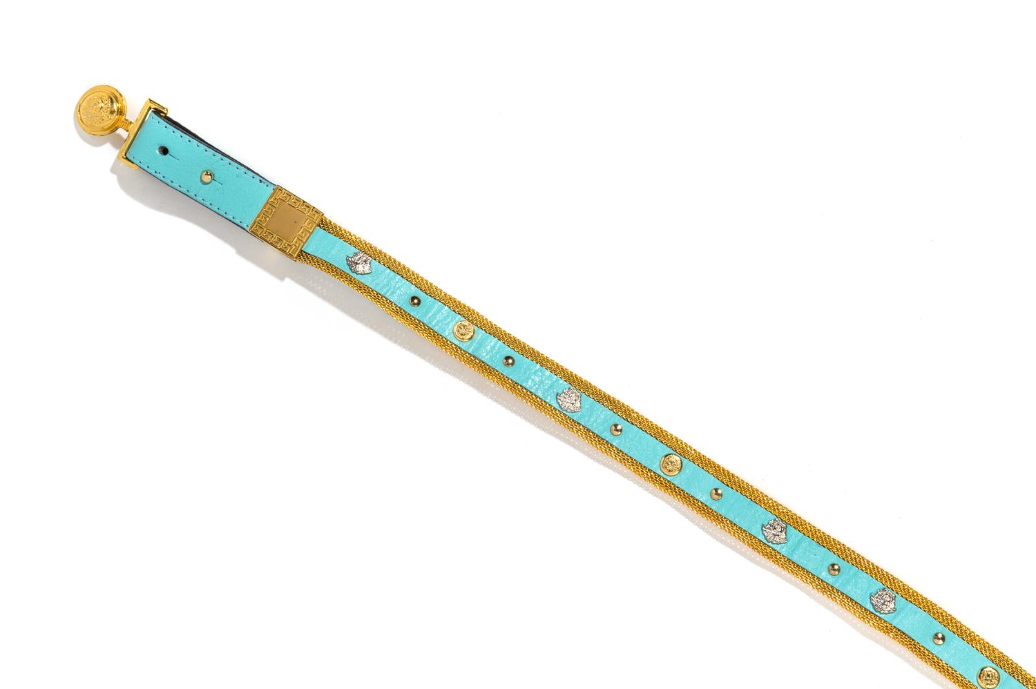 A Gianni Versace Turquoise Leather and Mesh Narrow Belt, Size 70/28.