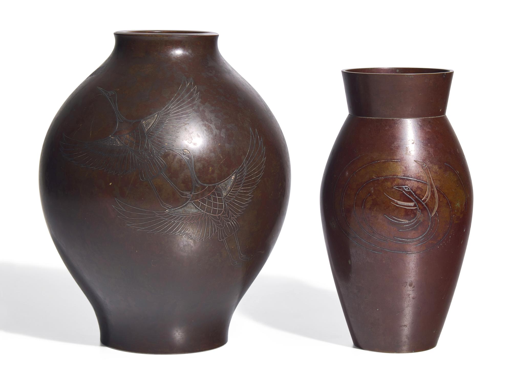 Two Japanese Silver Inlaid Bronze Vases