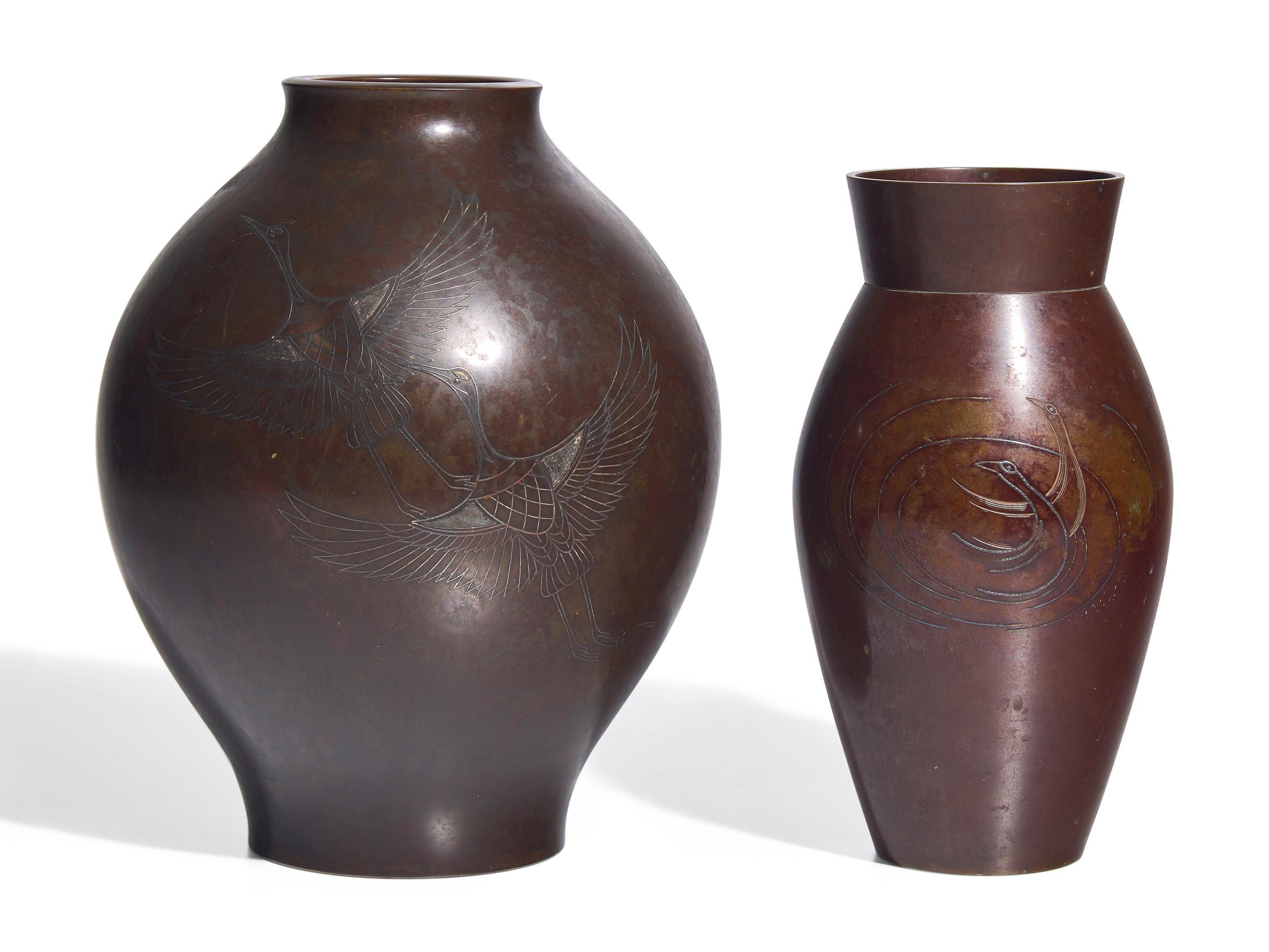 Two Japanese Silver Inlaid Bronze Vases
