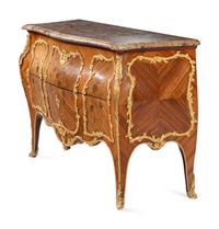 A Louis XV Style Gilt Bronze Mounted Sans Traverse Marquetry Marble-Top Bombe Commode