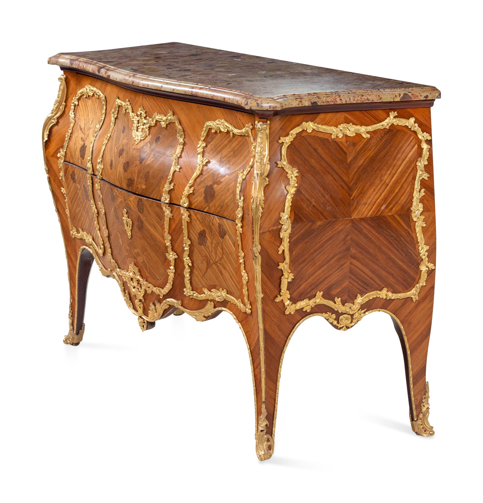 A Louis XV Style Gilt Bronze Mounted Sans Traverse Marquetry Marble-Top Bombe Commode